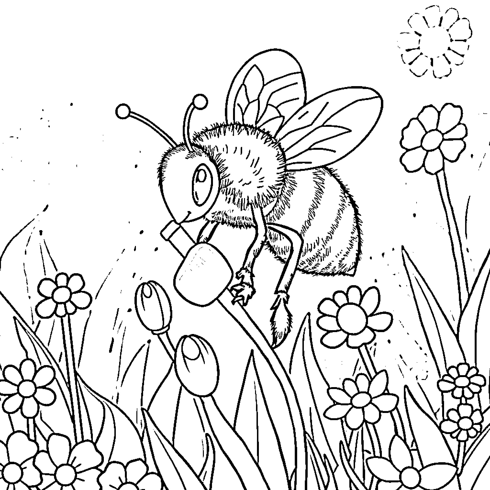 Bee collecting pollen from vibrant flowers Coloring Page (free black-and-white line drawing printable PDF for all, from beginners to advanced learners, including children, teens, adults, and seniors)
