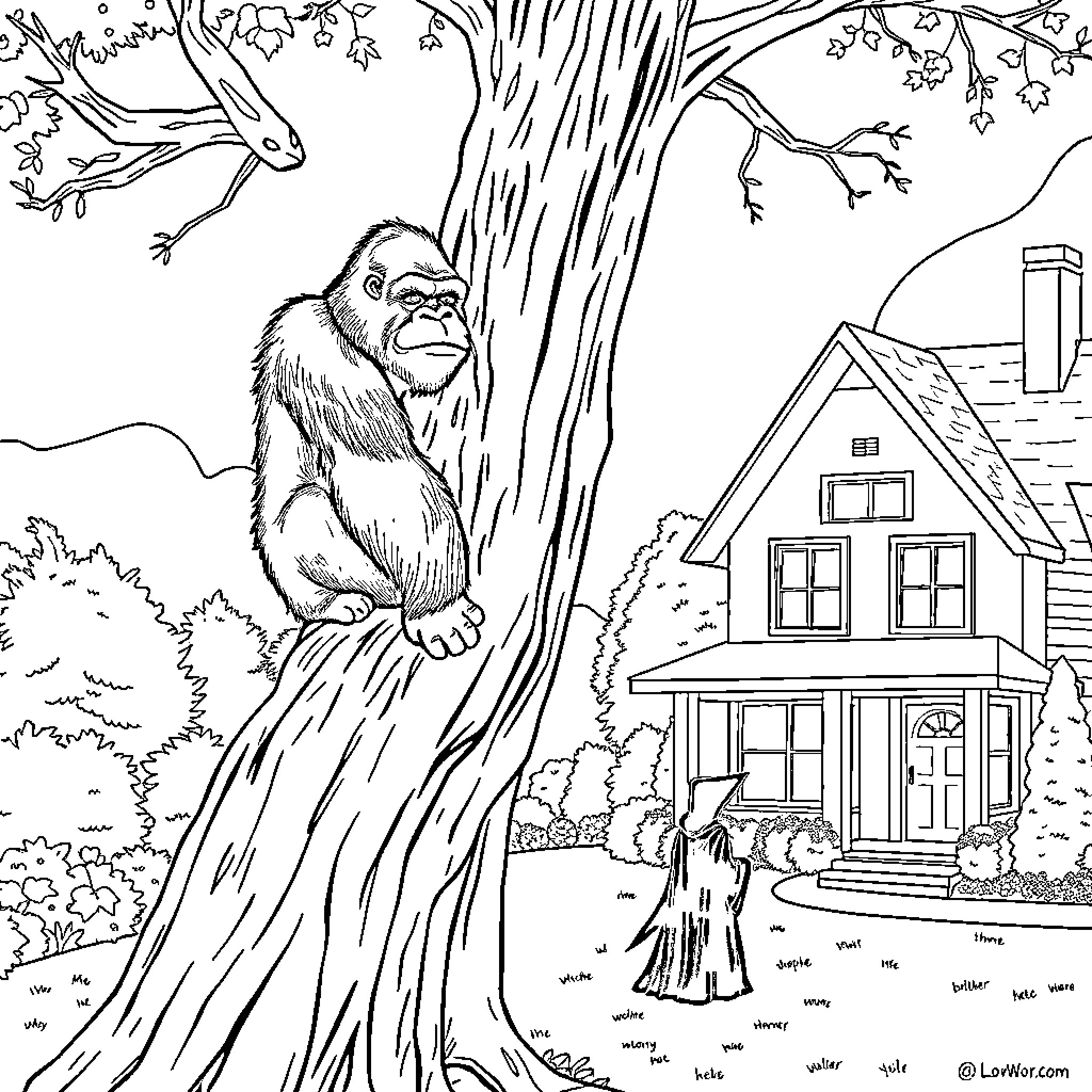 Gorilla sitting in a tree near a cozy house Coloring Page (free black-and-white line drawing printable PDF for all, from beginners to advanced learners, including children, teens, adults, and seniors)