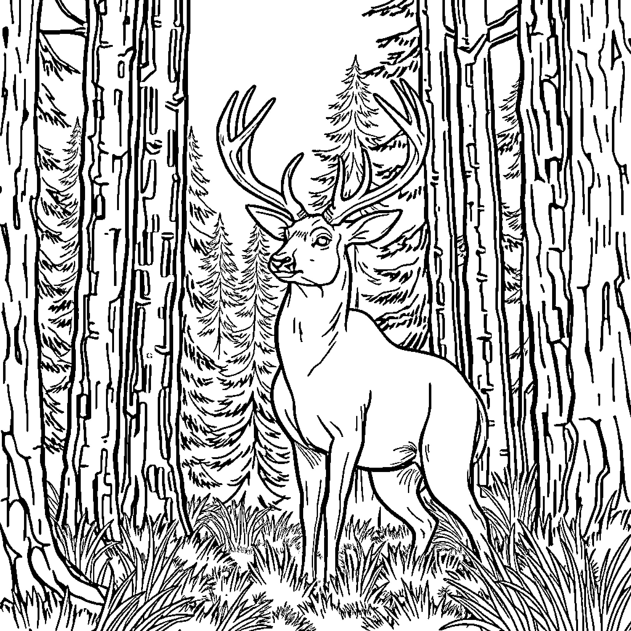 Deer standing amidst forest scenery Coloring Page (free black-and-white line drawing printable PDF for all, from beginners to advanced learners, including children, teens, adults, and seniors)