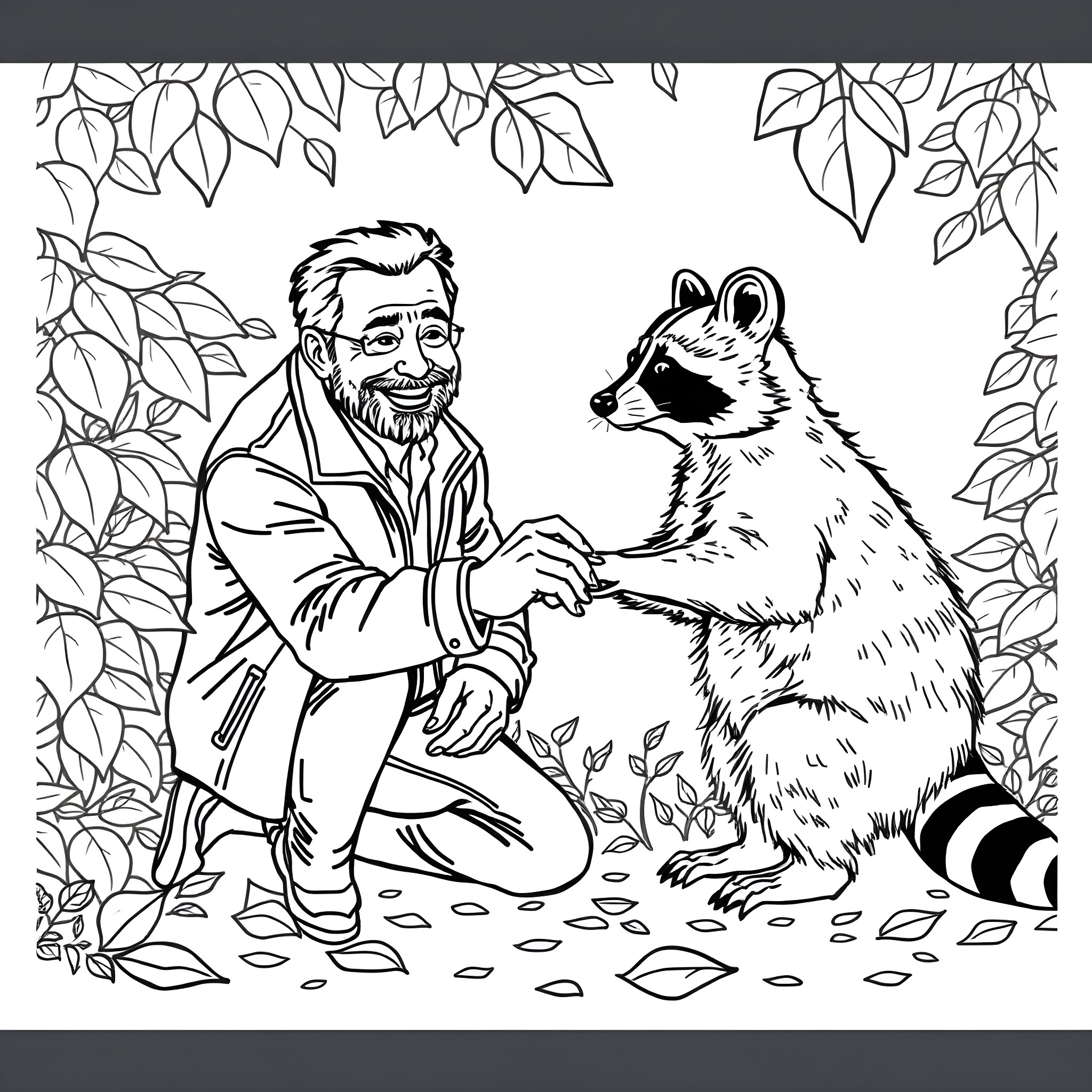 Raccoon Encounters the Man in the Forest Coloring Page (free black-and-white line drawing printable PDF for all, from beginners to advanced learners, including children, teens, adults, and seniors)