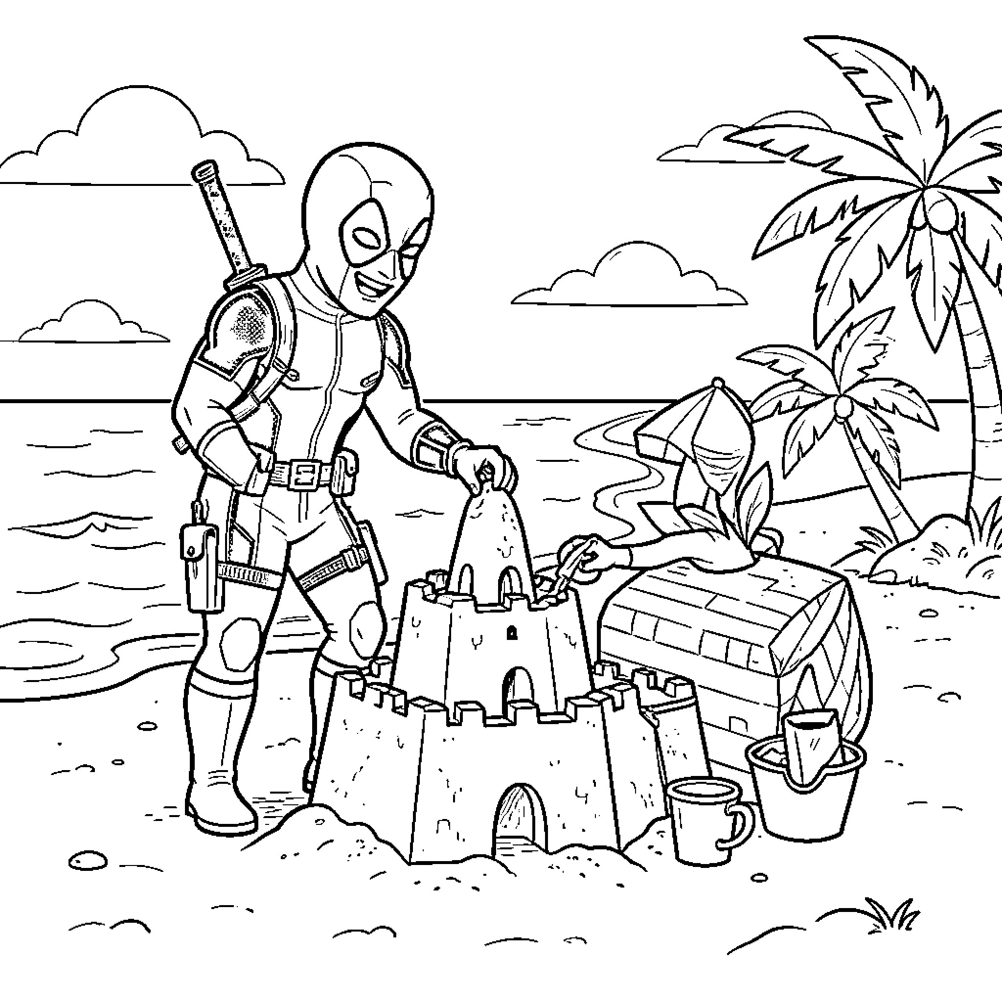Deadpool building a sandcastle on the beach Coloring Page (free black-and-white line drawing printable PDF for all, from beginners to advanced learners, including children, teens, adults, and seniors)