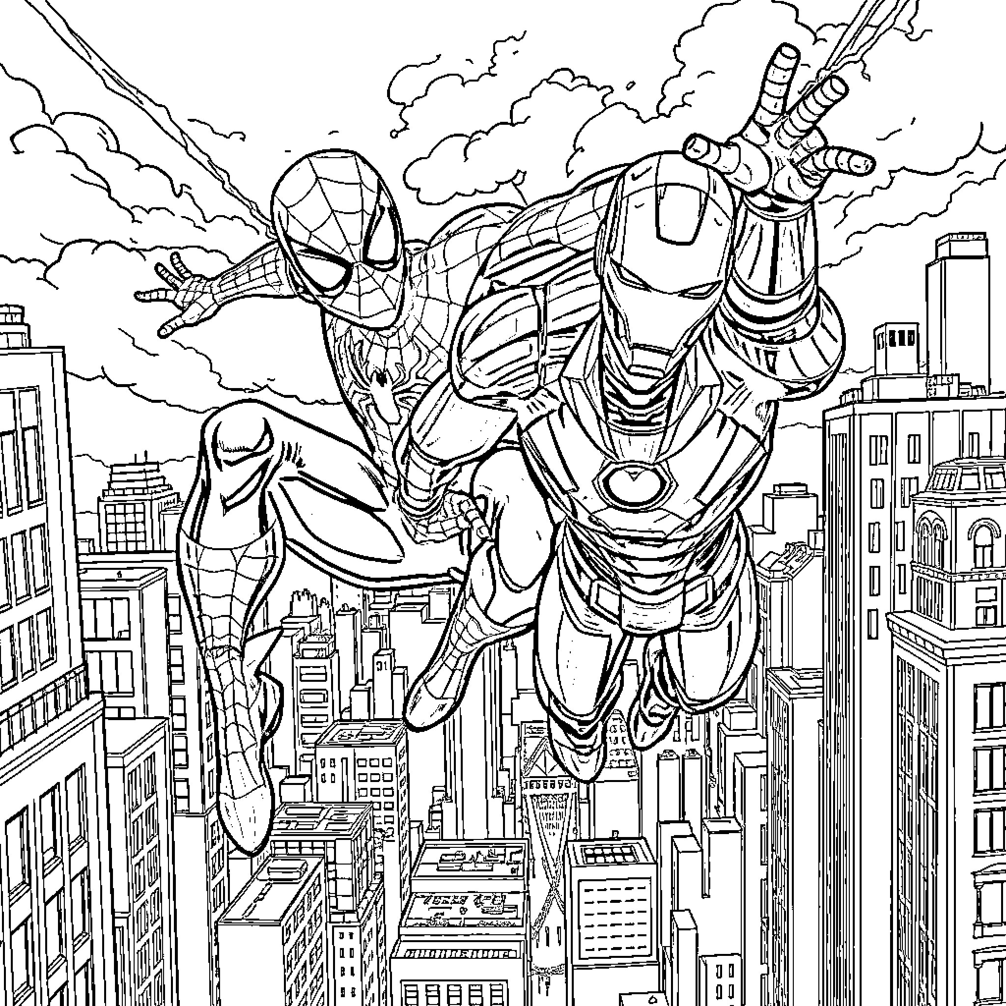 Spiderman and Iron Man battle over cityscape Coloring Page (free black-and-white line drawing printable PDF for all, from beginners to advanced learners, including children, teens, adults, and seniors)