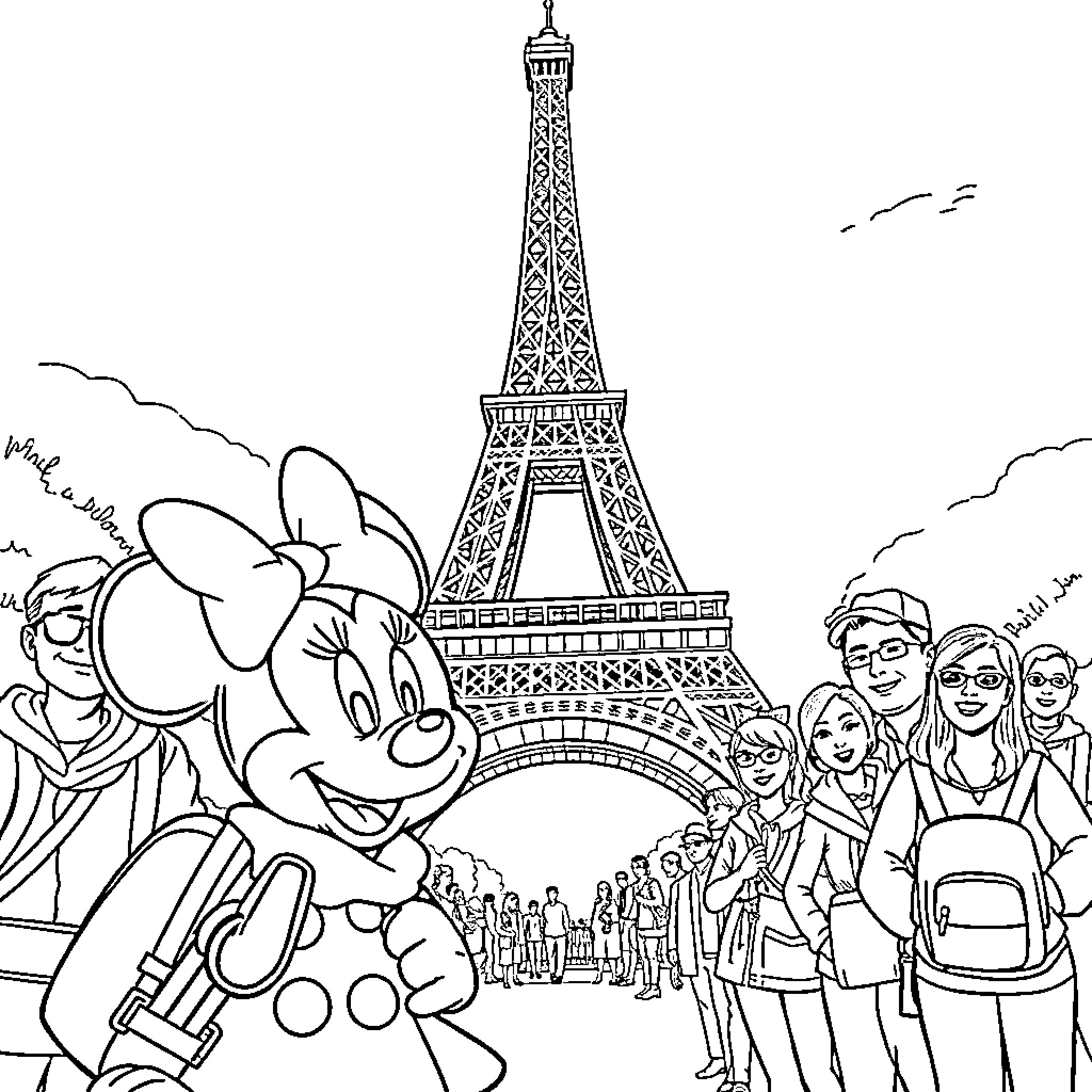 Minnie Mouse explores the wonders of Paris Coloring Page (free black-and-white line drawing printable PDF for all, from beginners to advanced learners, including children, teens, adults, and seniors)