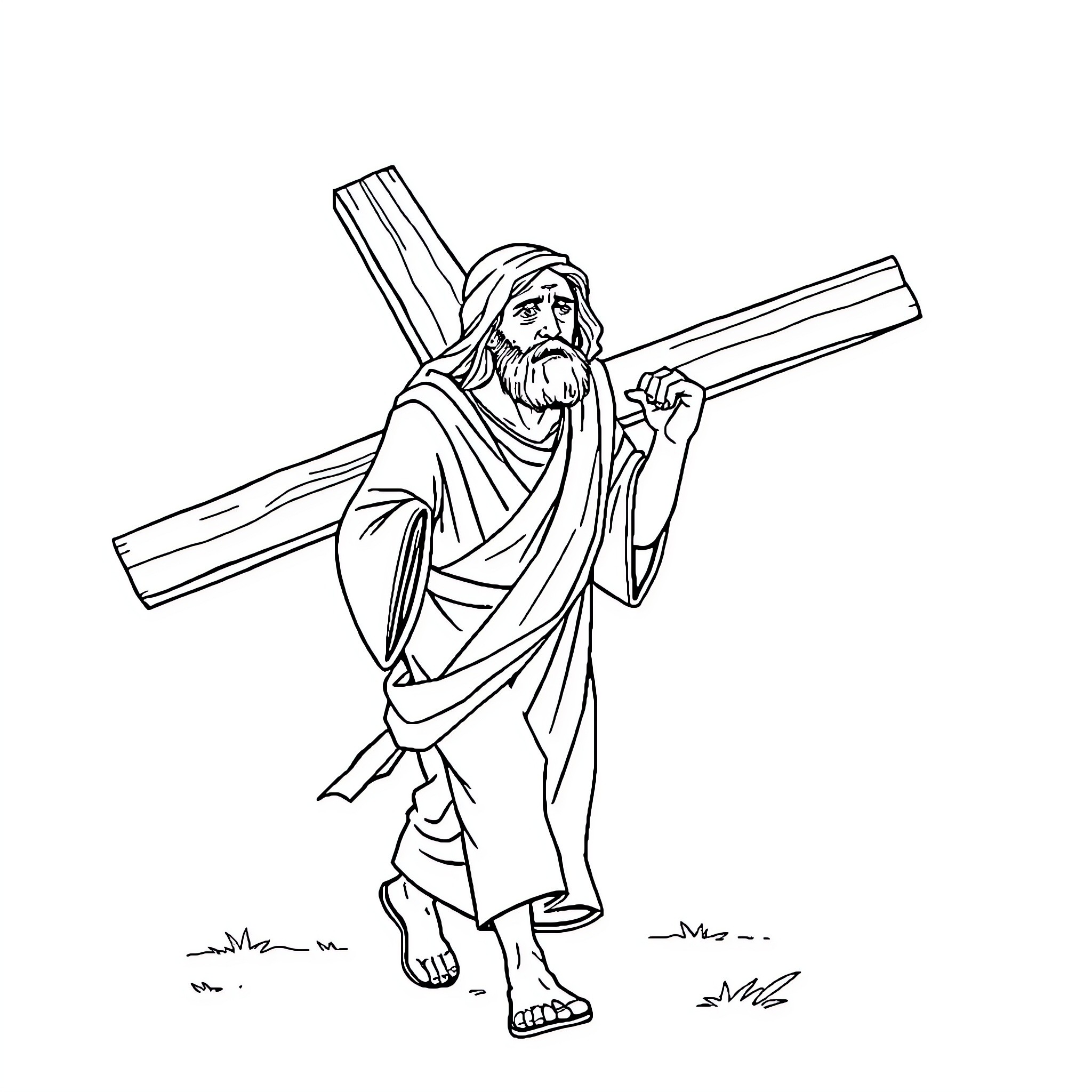 Jesus carrying the cross to his crucifixion Coloring Page (free black-and-white line drawing printable PDF for all, from beginners to advanced learners, including children, teens, adults, and seniors)