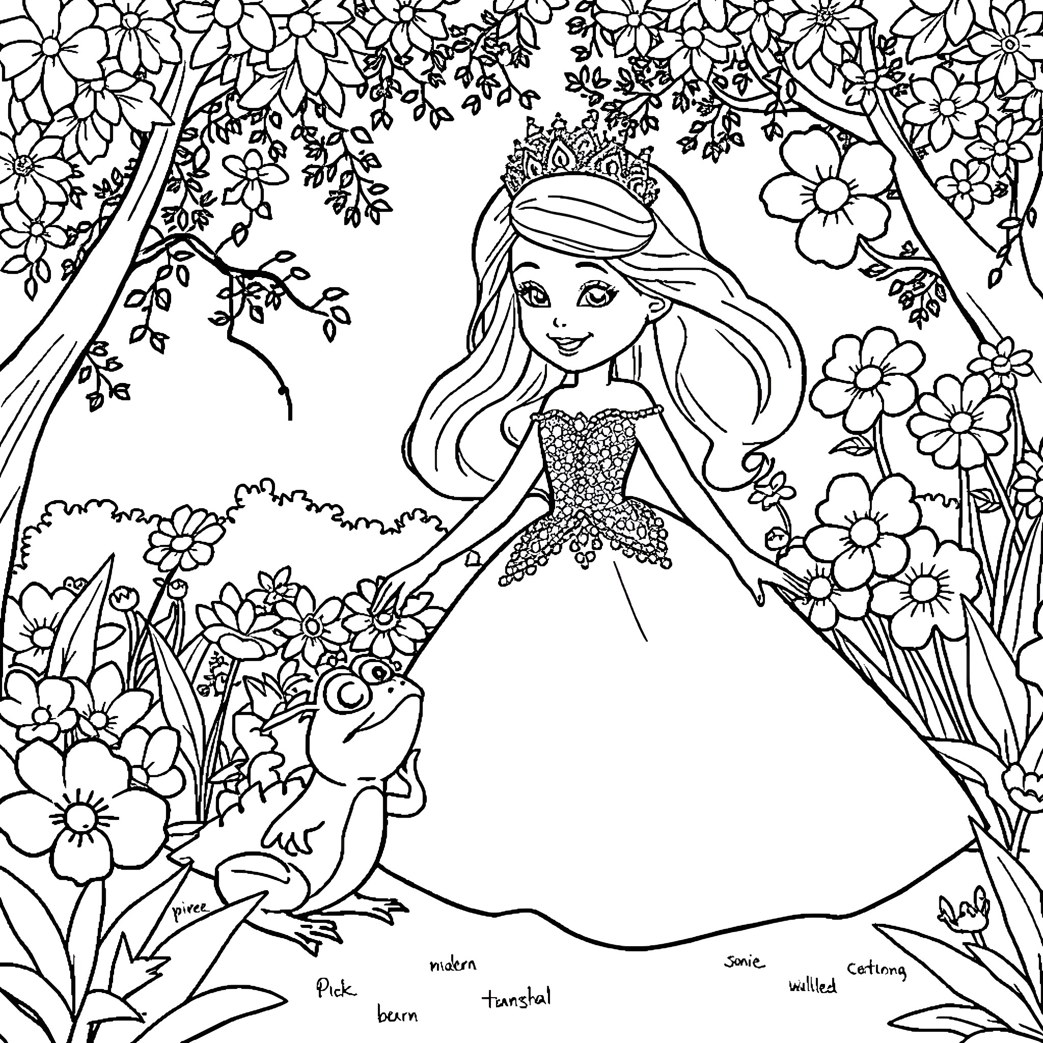 Princess surrounded by nature and animals Coloring Page (free black-and-white line drawing printable PDF for all, from beginners to advanced learners, including children, teens, adults, and seniors)