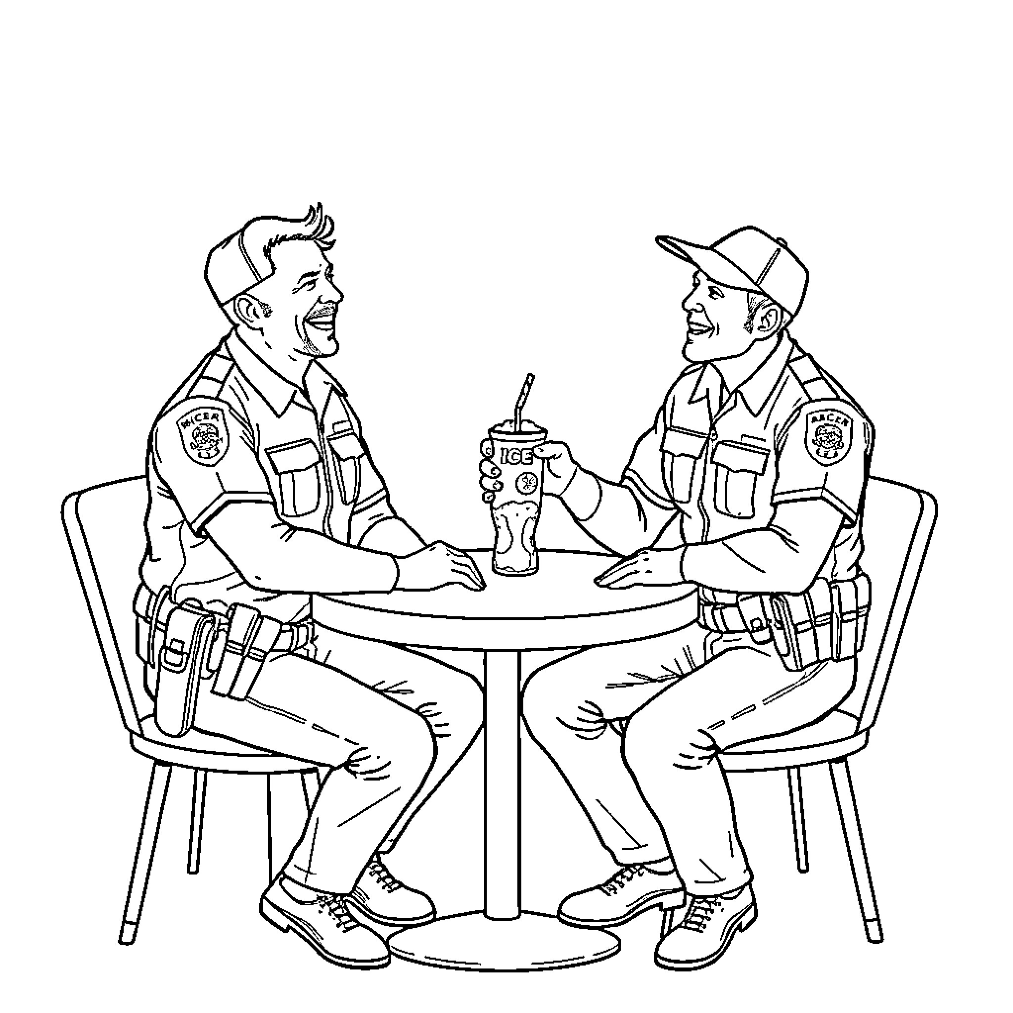 Ice Agent officers enjoying a break together Coloring Page (free black-and-white line drawing printable PDF for all, from beginners to advanced learners, including children, teens, adults, and seniors)