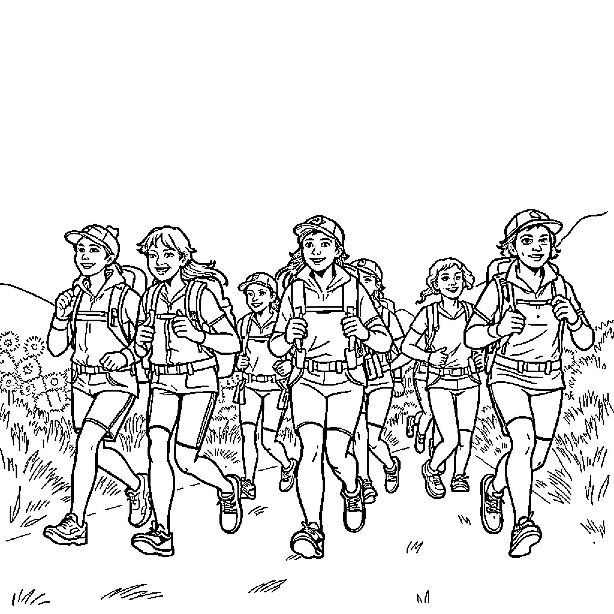 Explorer group hiking through a grassy field Coloring Page (free black-and-white line drawing printable PDF for all, from beginners to advanced learners, including children, teens, adults, and seniors)