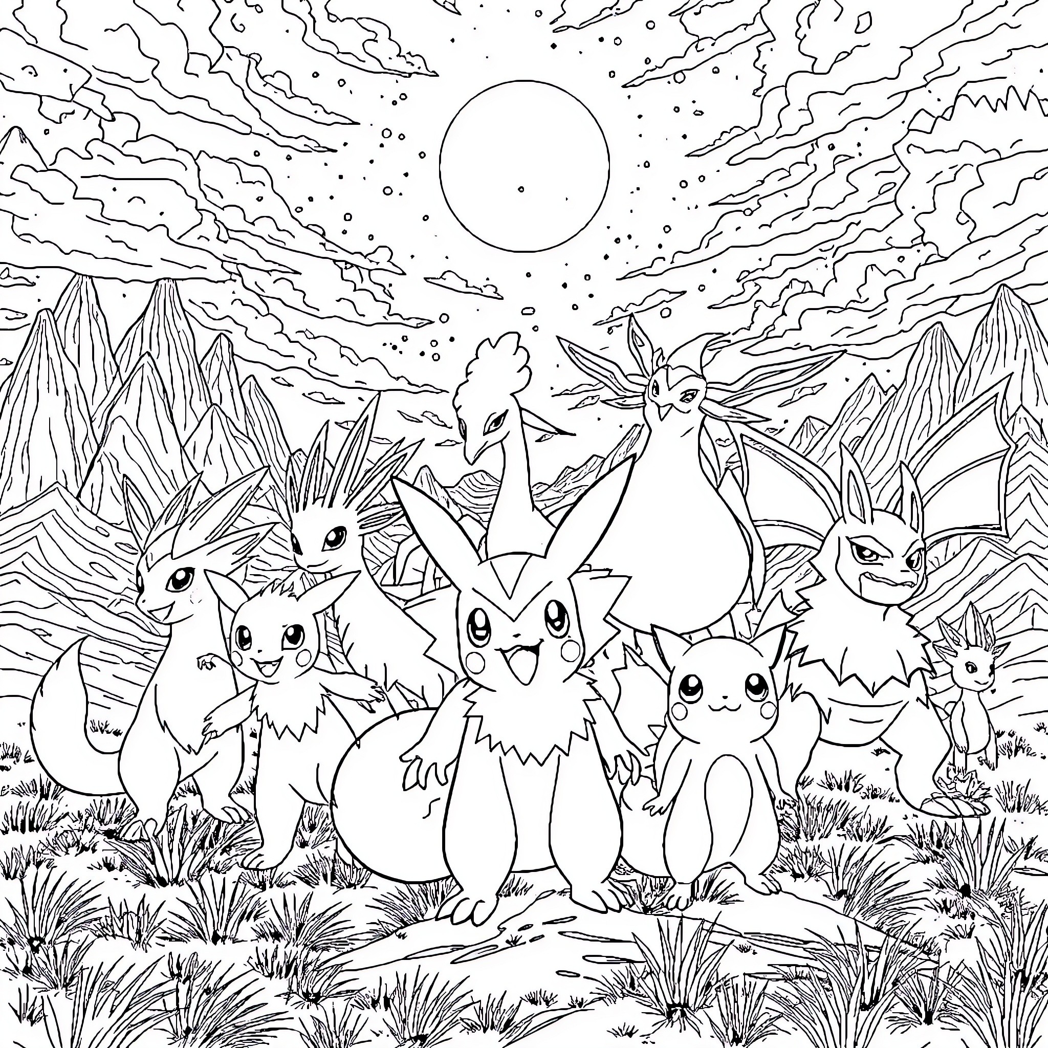 Pokémon characters playing in a magical landscape Coloring Page (free black-and-white line drawing printable PDF for all, from beginners to advanced learners, including children, teens, adults, and seniors)