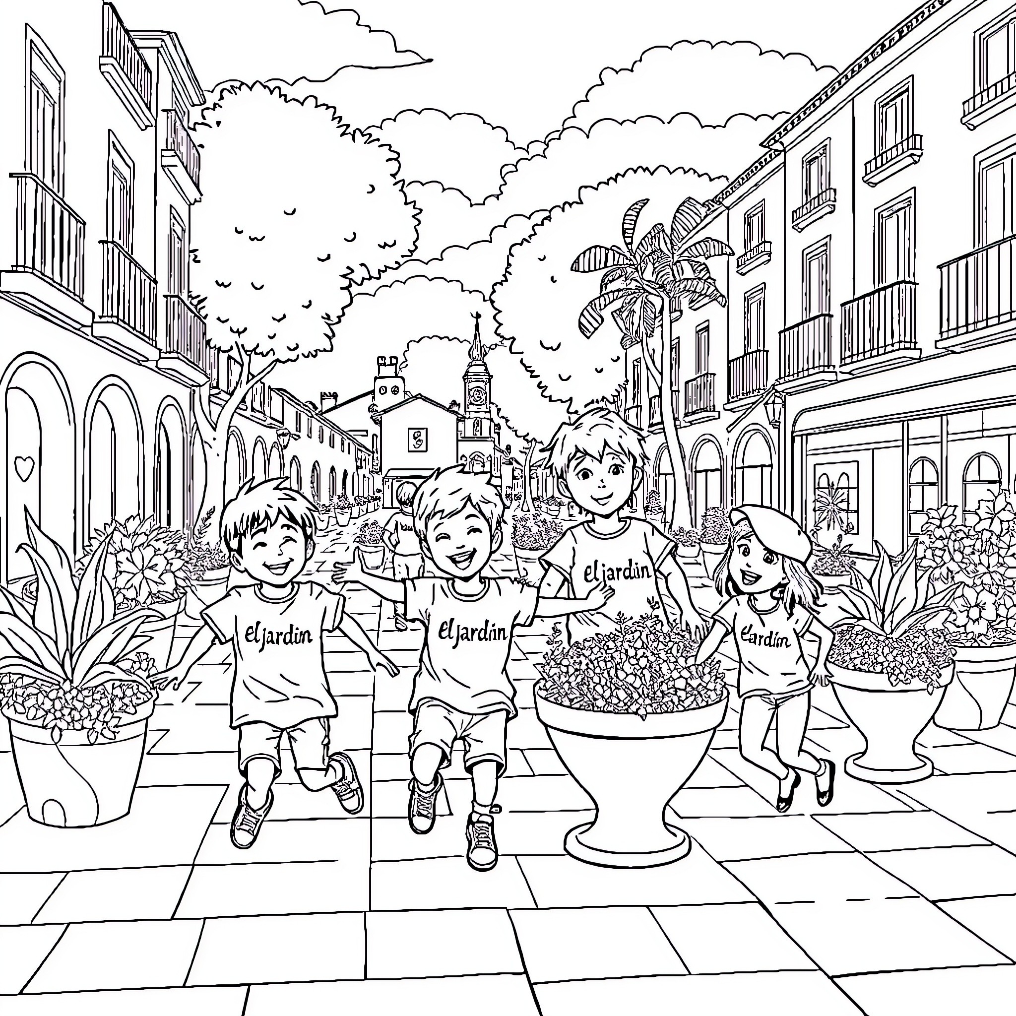 Niños playing joyfully in a bustling town square Coloring Page (free black-and-white line drawing printable PDF for all, from beginners to advanced learners, including children, teens, adults, and seniors)