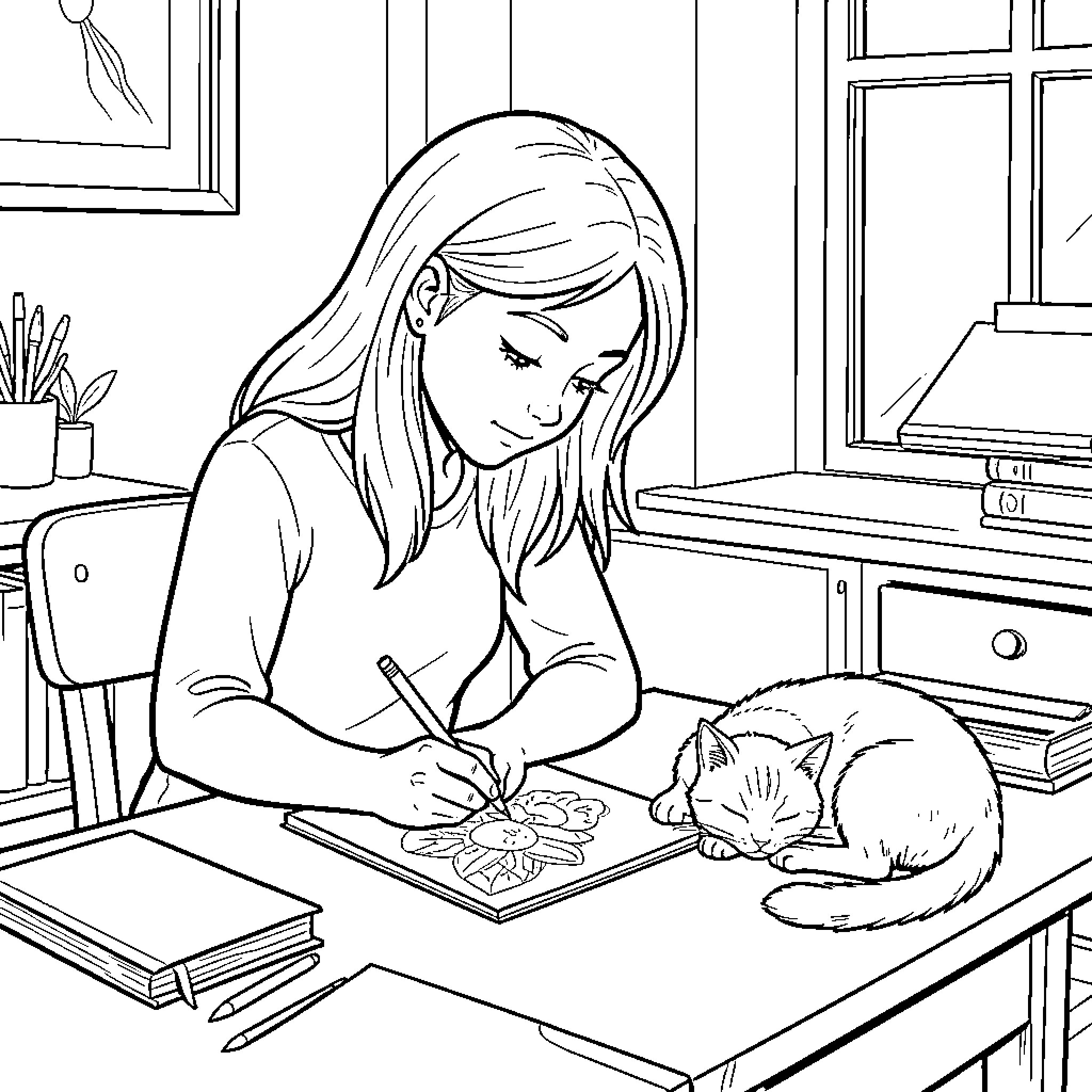 Young Woman Quietly Drawing with a Cat Companion Coloring Page (free black-and-white line drawing printable PDF for all, from beginners to advanced learners, including children, teens, adults, and seniors)