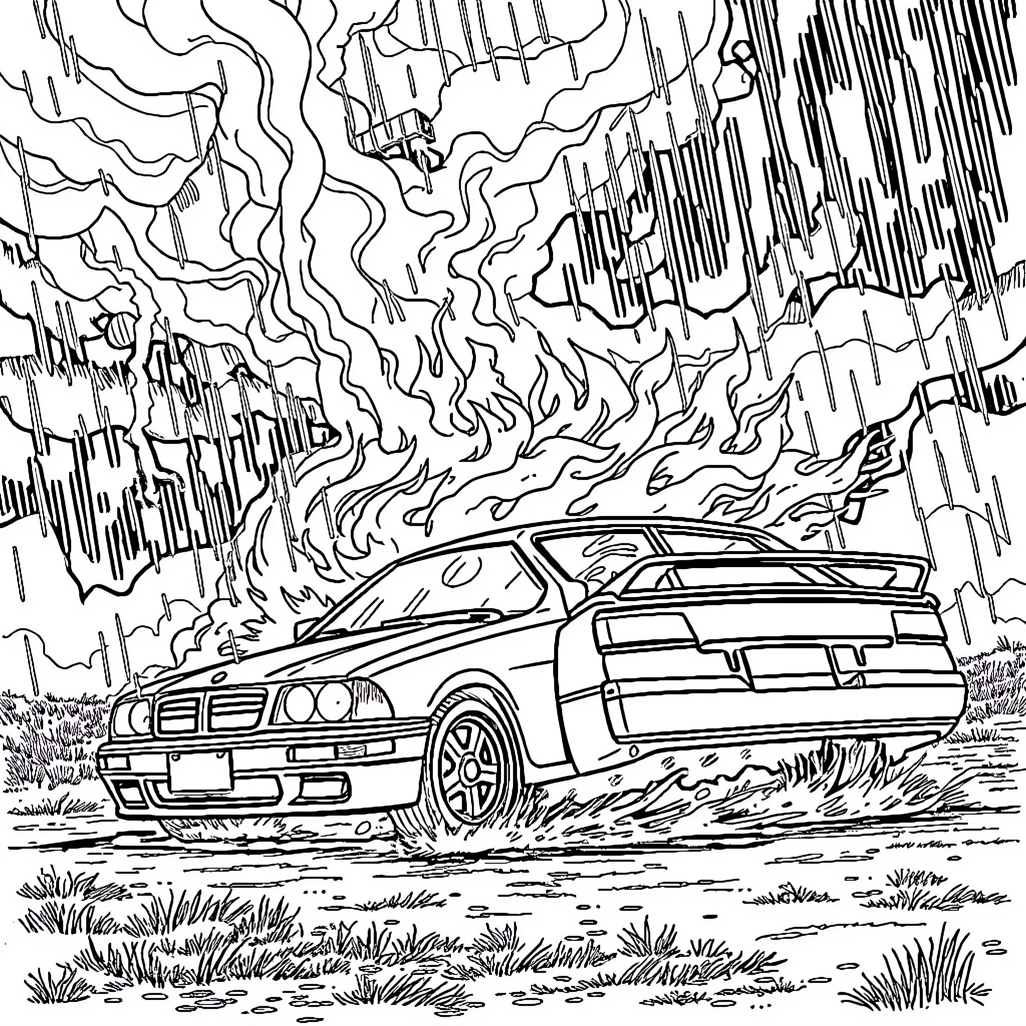 Car racing through stormy landscape Coloring Page (free black-and-white line drawing printable PDF for all, from beginners to advanced learners, including children, teens, adults, and seniors)
