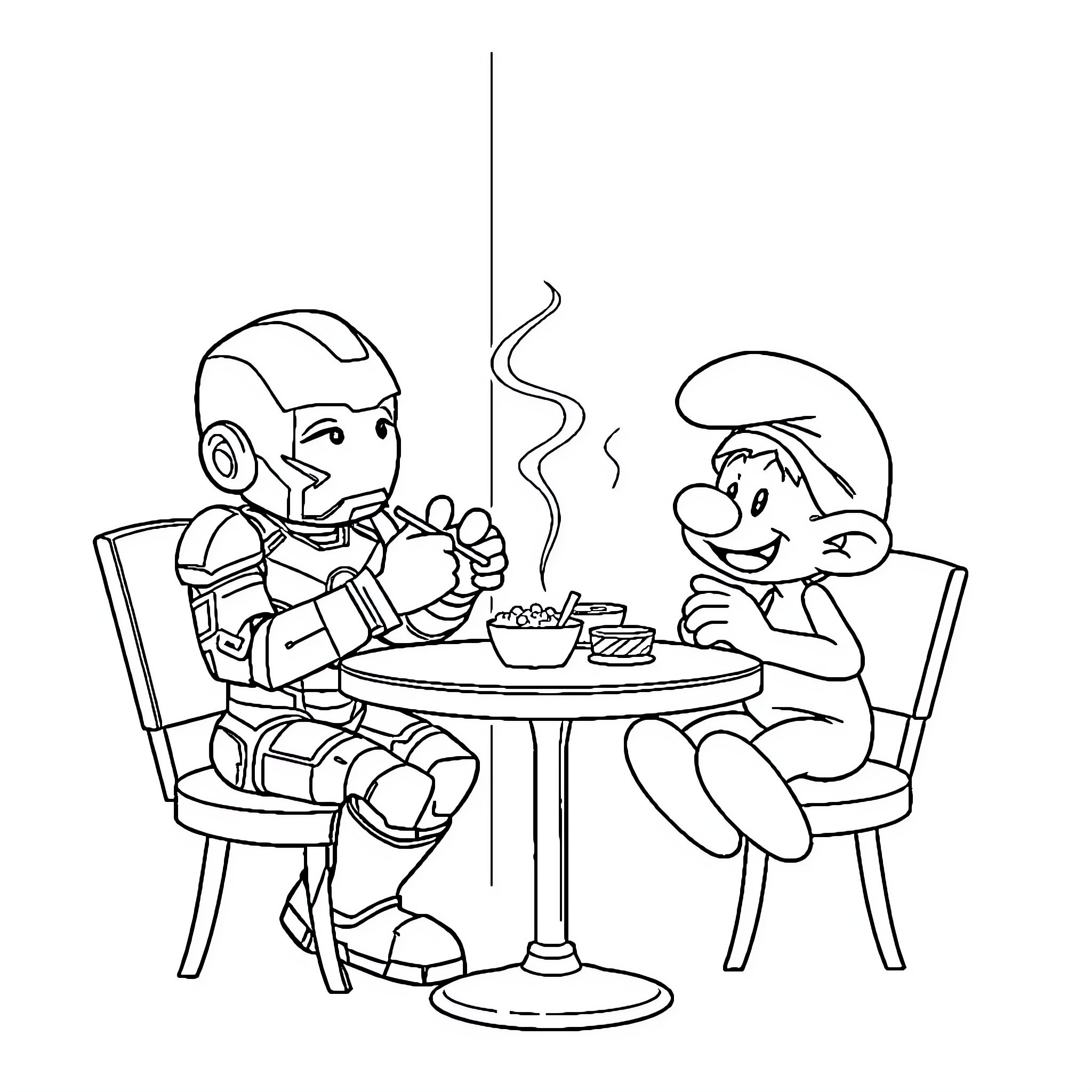 Ironman enjoying a casual chat with a Smurf Coloring Page (free black-and-white line drawing printable PDF for all, from beginners to advanced learners, including children, teens, adults, and seniors)
