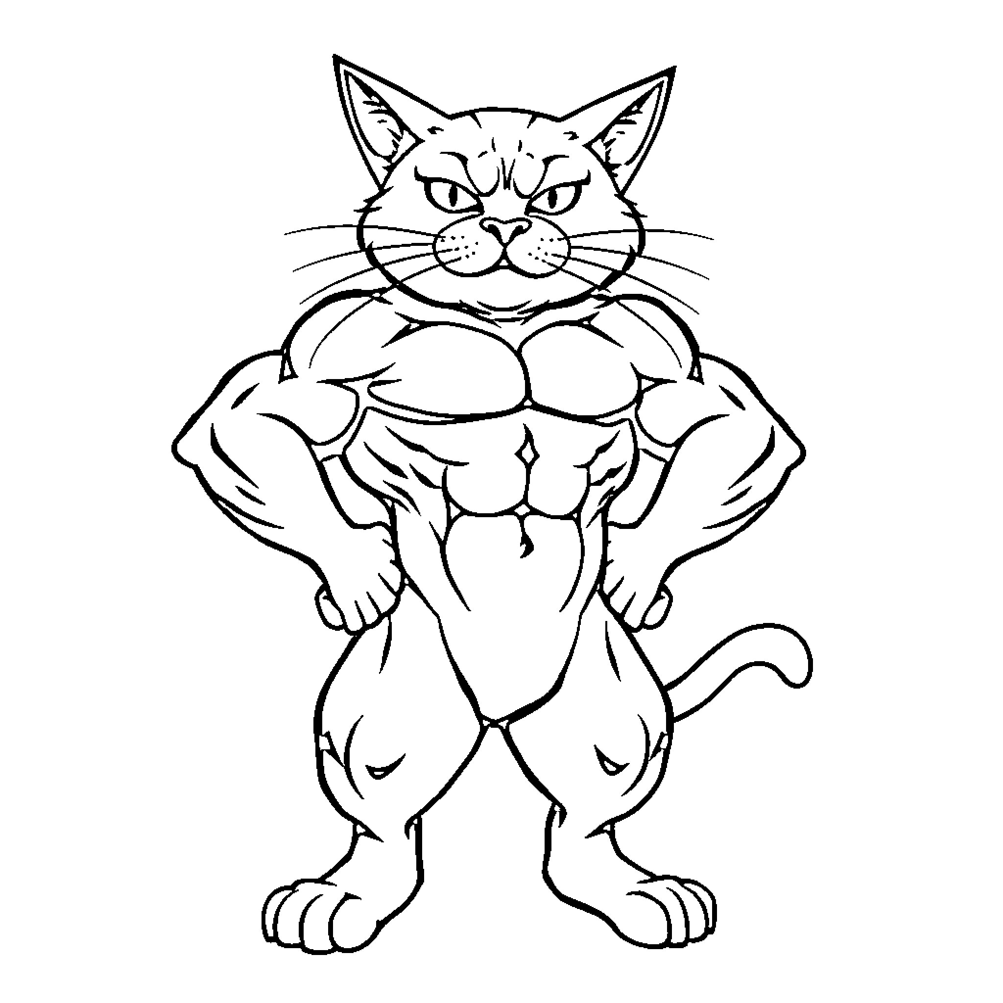 Cat displaying muscular physique Coloring Page (free black-and-white line drawing printable PDF for all, from beginners to advanced learners, including children, teens, adults, and seniors)