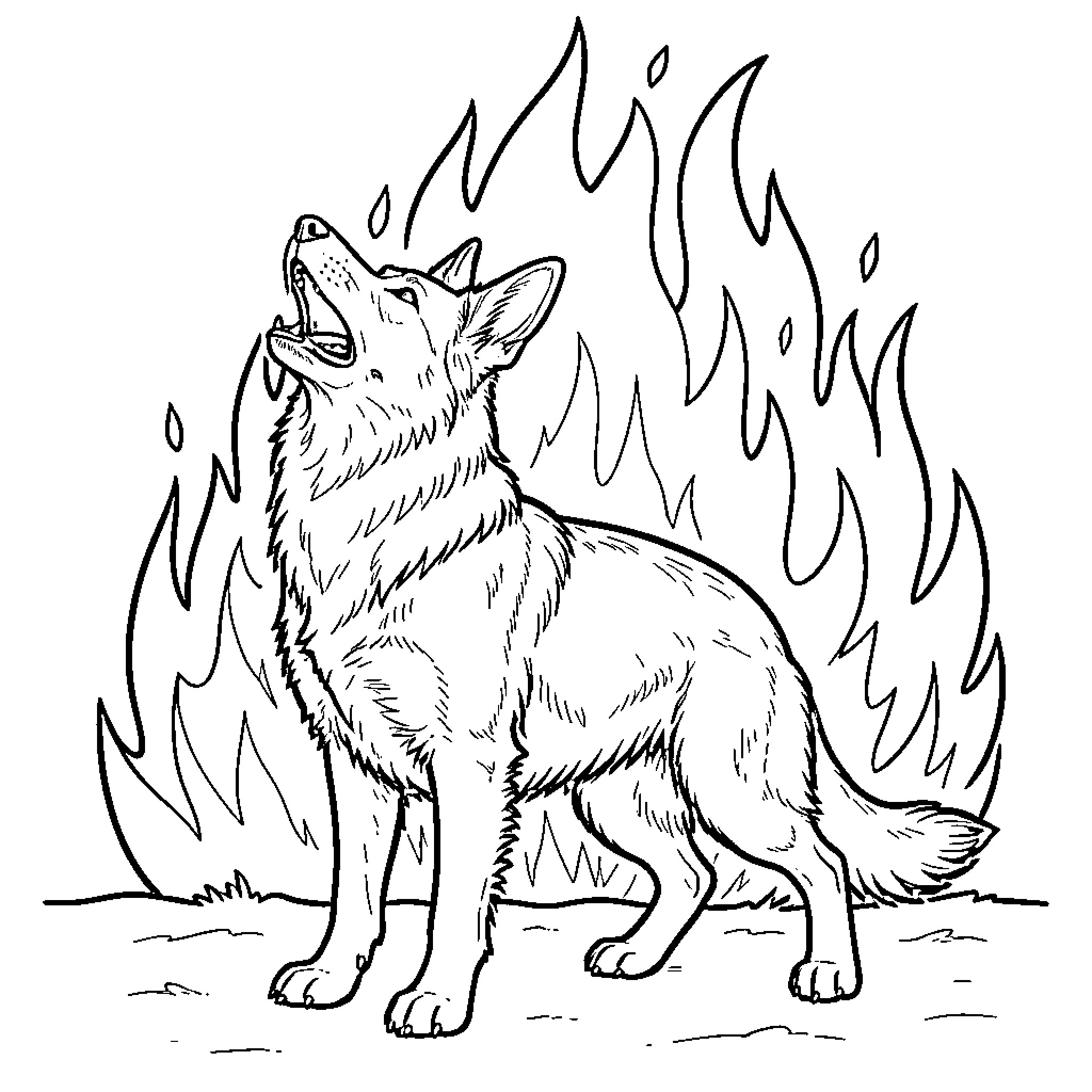 German Shepherd howling loudly in front of flames Coloring Page (free black-and-white line drawing printable PDF for all, from beginners to advanced learners, including children, teens, adults, and seniors)