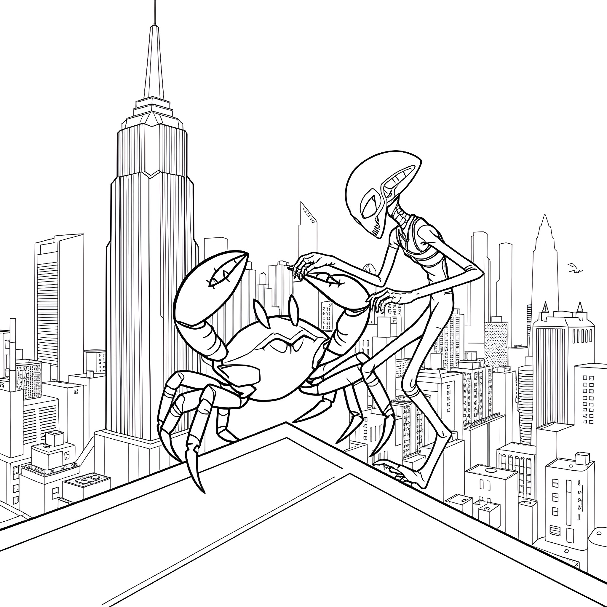 Crab battling atop city skyline Coloring Page (free black-and-white line drawing printable PDF for all, from beginners to advanced learners, including children, teens, adults, and seniors)