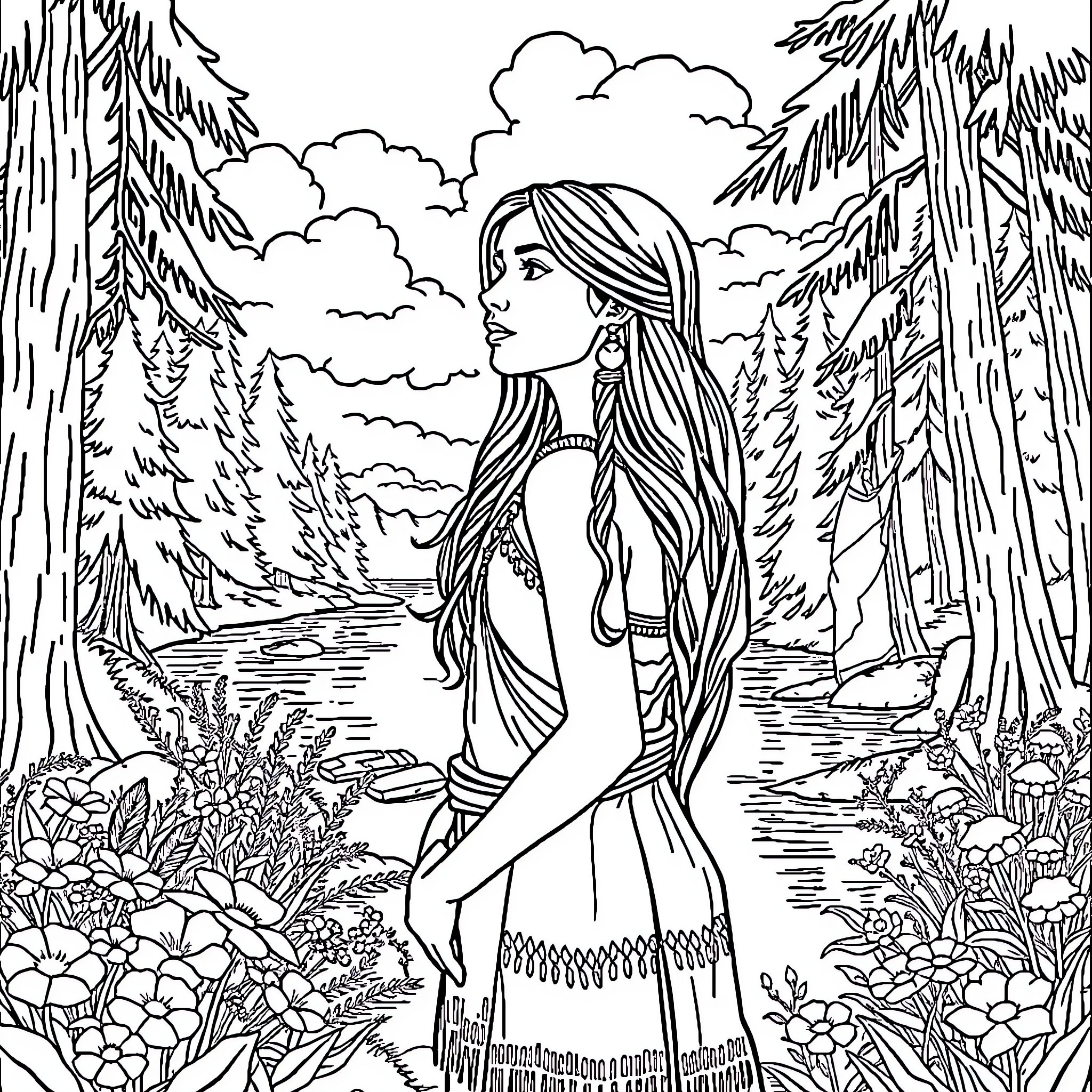 Pocahontas standing in a serene forest landscape Coloring Page (free black-and-white line drawing printable PDF for all, from beginners to advanced learners, including children, teens, adults, and seniors)