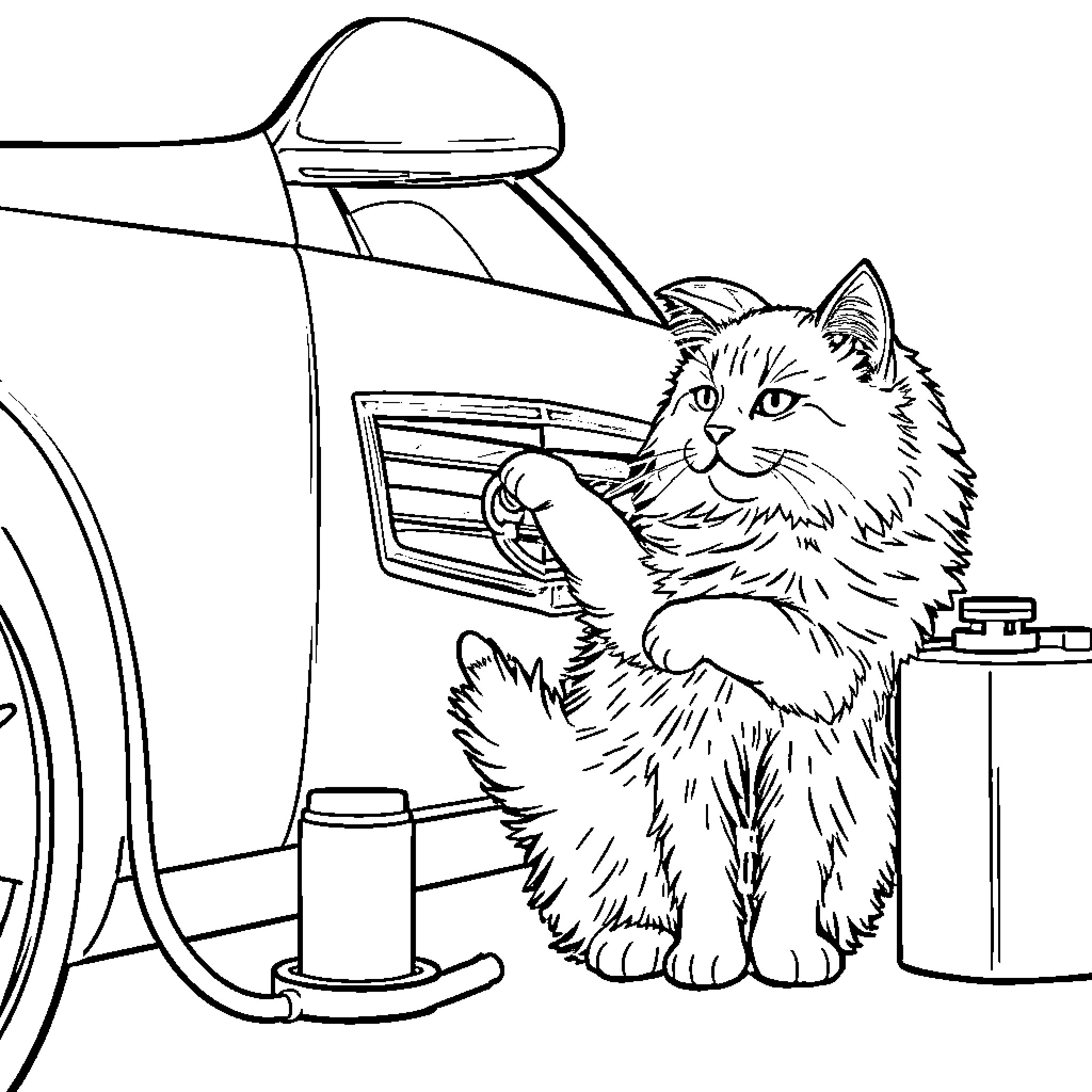 Cat exploring a car interior Coloring Page (free black-and-white line drawing printable PDF for all, from beginners to advanced learners, including children, teens, adults, and seniors)