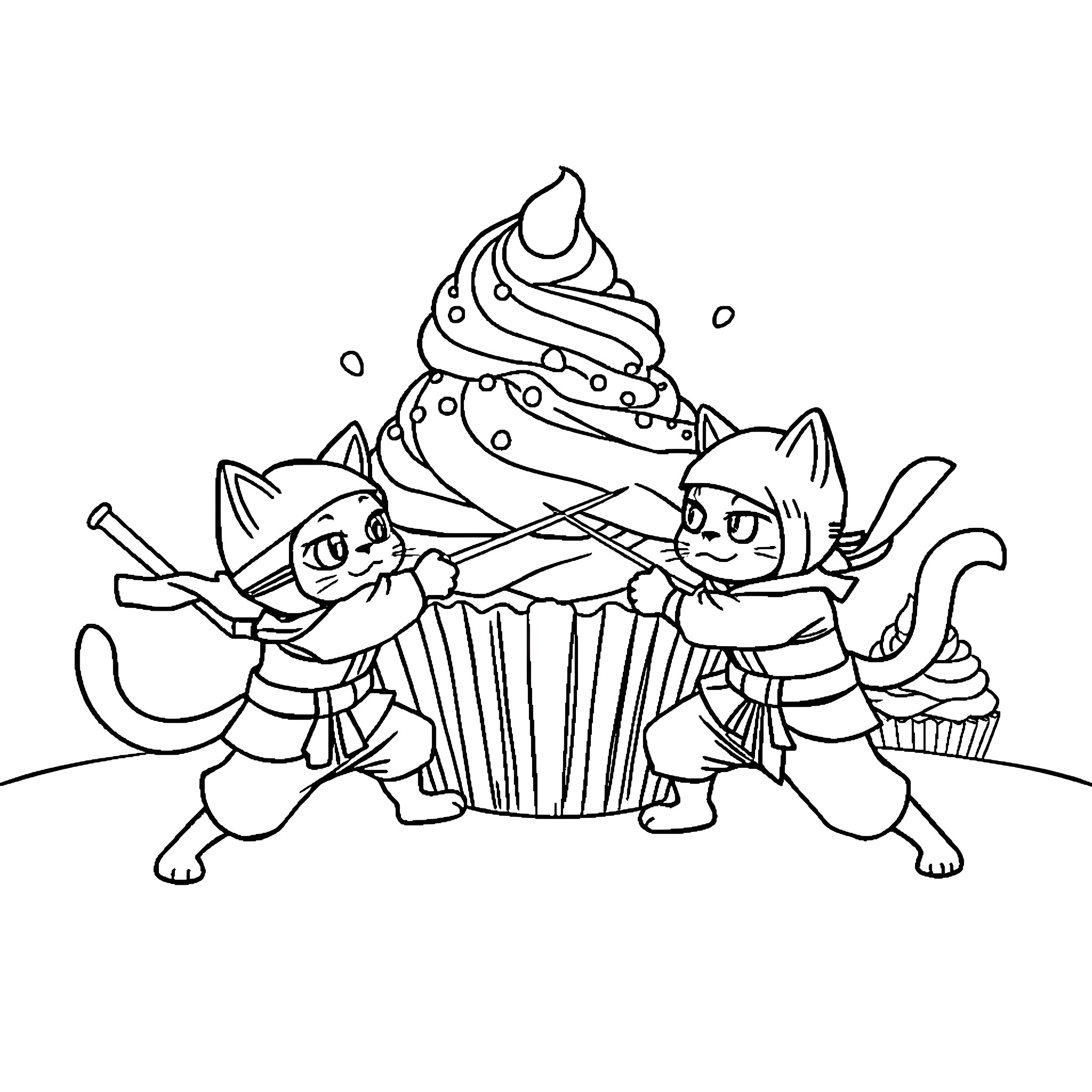 Ninja Cats guarding delightful cupcake treat Coloring Page (free black-and-white line drawing printable PDF for all, from beginners to advanced learners, including children, teens, adults, and seniors)