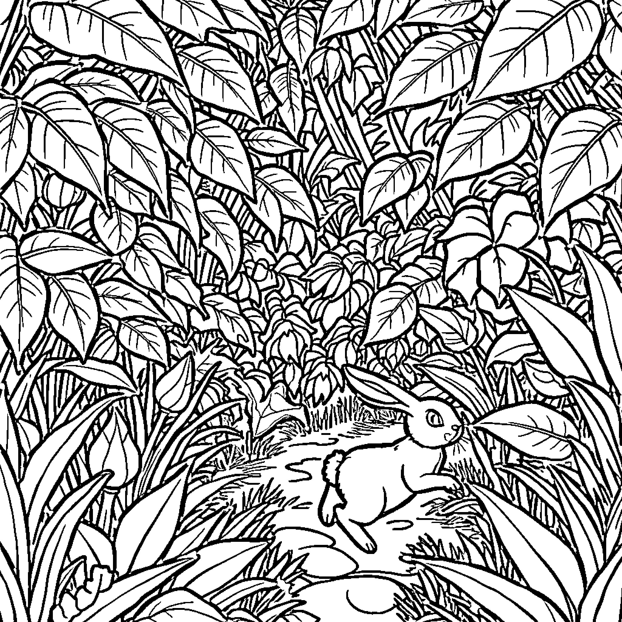 Rabbit hiding in lush tropical foliage Coloring Page (free black-and-white line drawing printable PDF for all, from beginners to advanced learners, including children, teens, adults, and seniors)