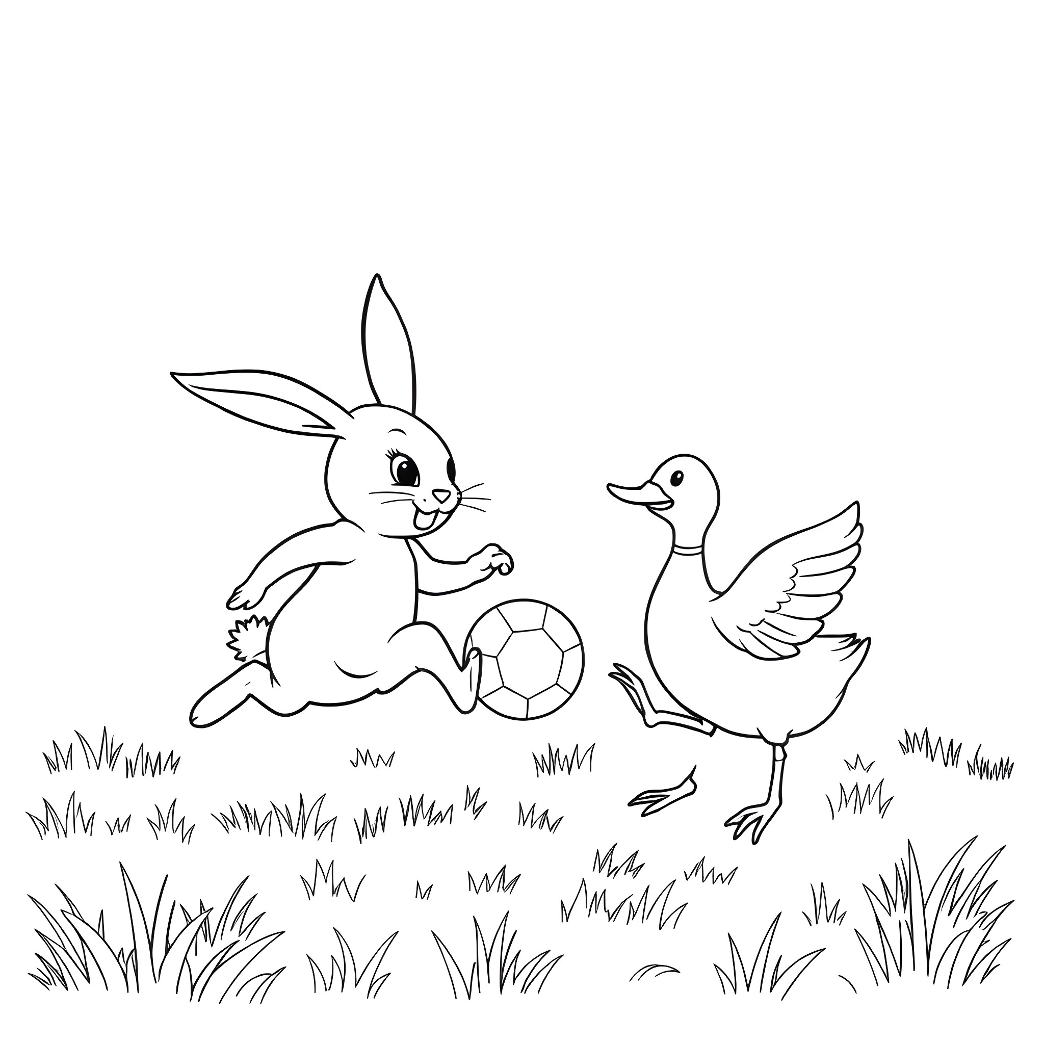 Bunny chasing a duck with a soccer ball Coloring Page (free black-and-white line drawing printable PDF for all, from beginners to advanced learners, including children, teens, adults, and seniors)