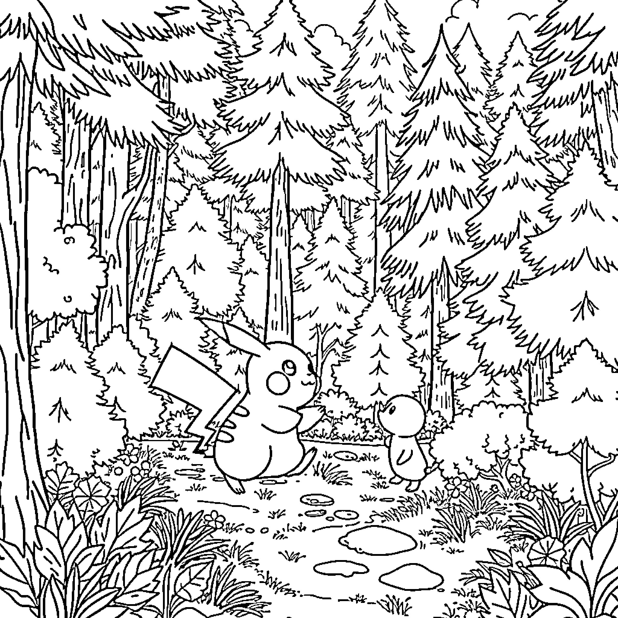 Pikachu exploring the enchanted forest Coloring Page (free black-and-white line drawing printable PDF for all, from beginners to advanced learners, including children, teens, adults, and seniors)