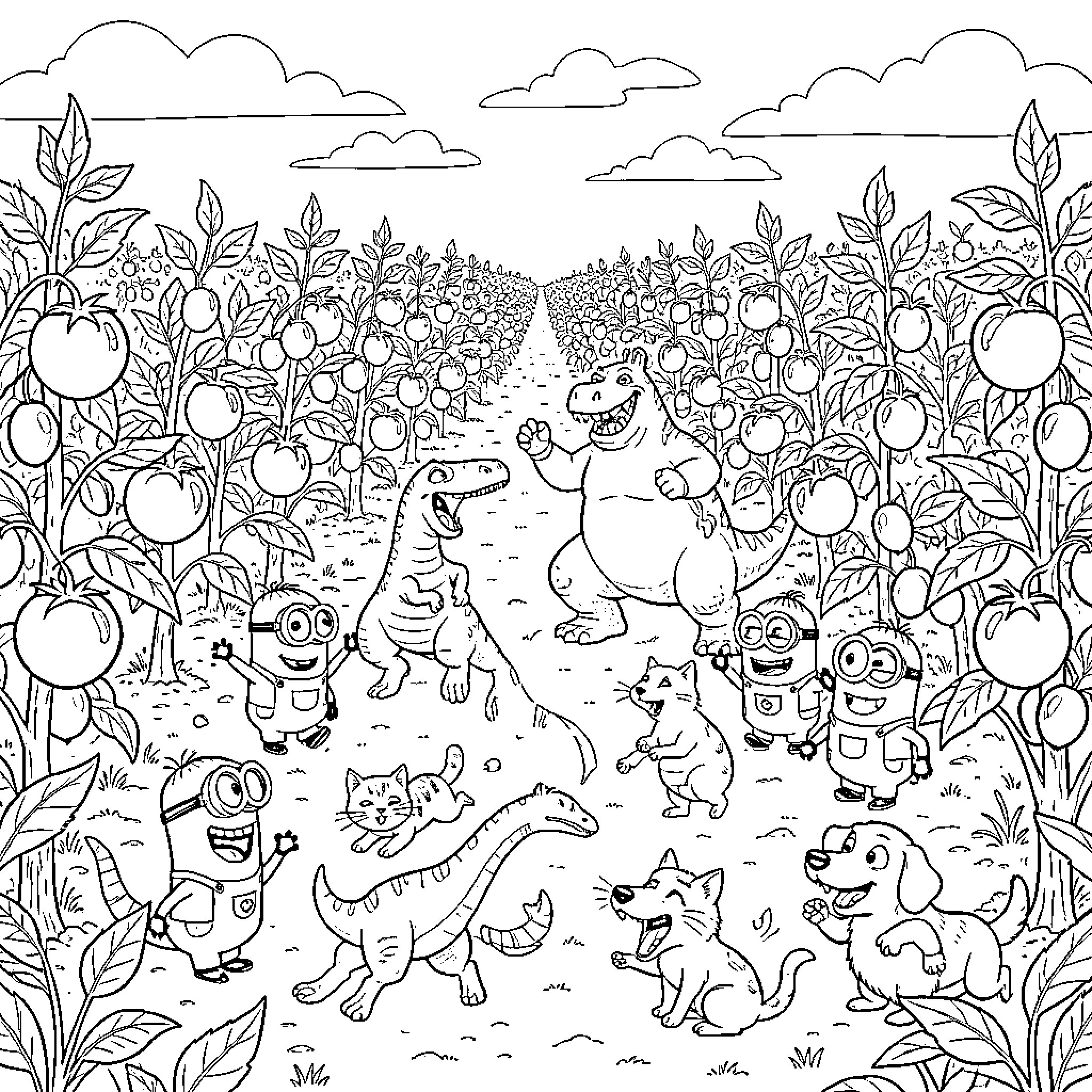 Tomato farm scene with dinosaurs and cute animals Coloring Page (free black-and-white line drawing printable PDF for all, from beginners to advanced learners, including children, teens, adults, and seniors)