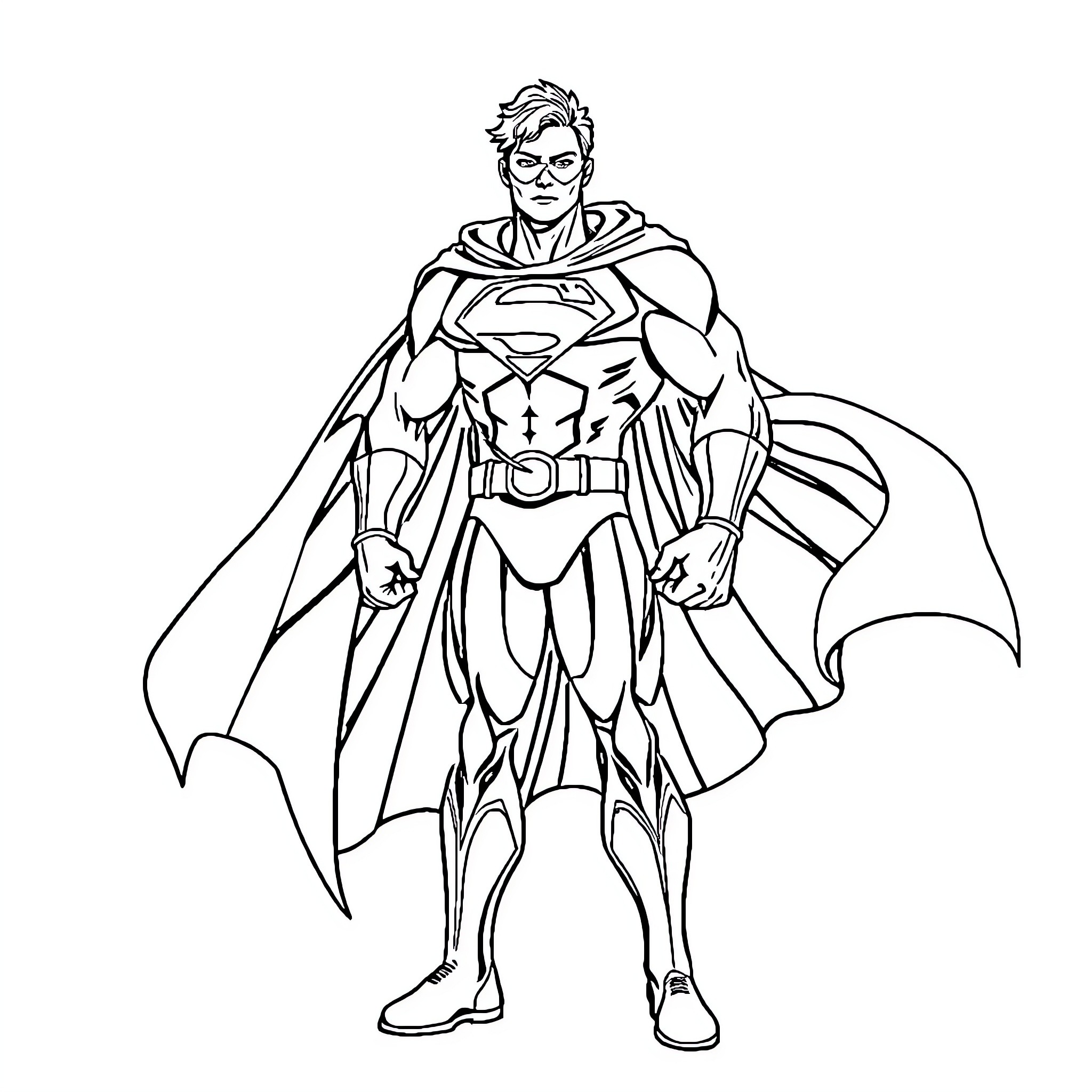 Superhero in Iconic Costume and Pose Coloring Page (free black-and-white line drawing printable PDF for all, from beginners to advanced learners, including children, teens, adults, and seniors)