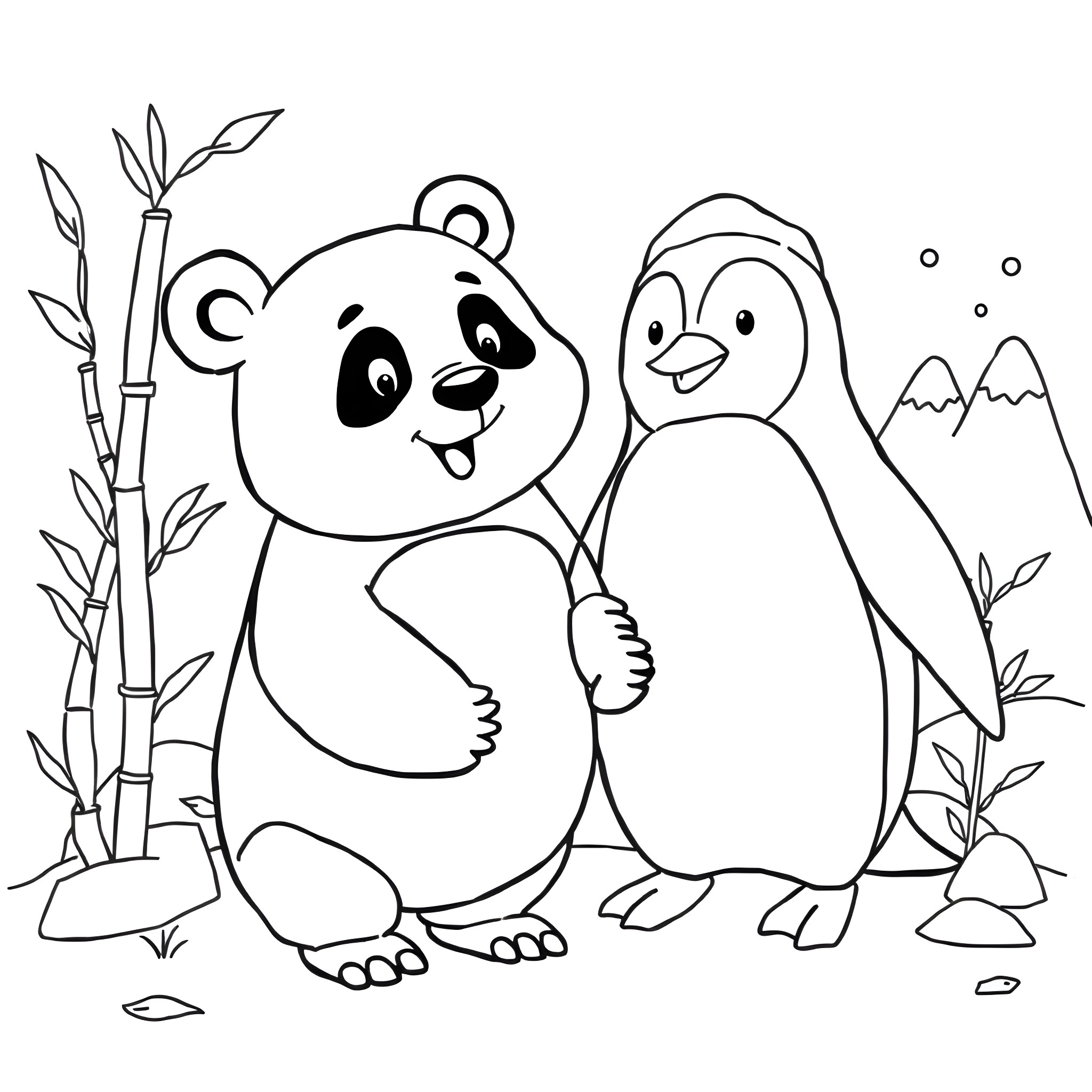 Panda and penguin friends in nature scene Coloring Page (free black-and-white line drawing printable PDF for all, from beginners to advanced learners, including children, teens, adults, and seniors)