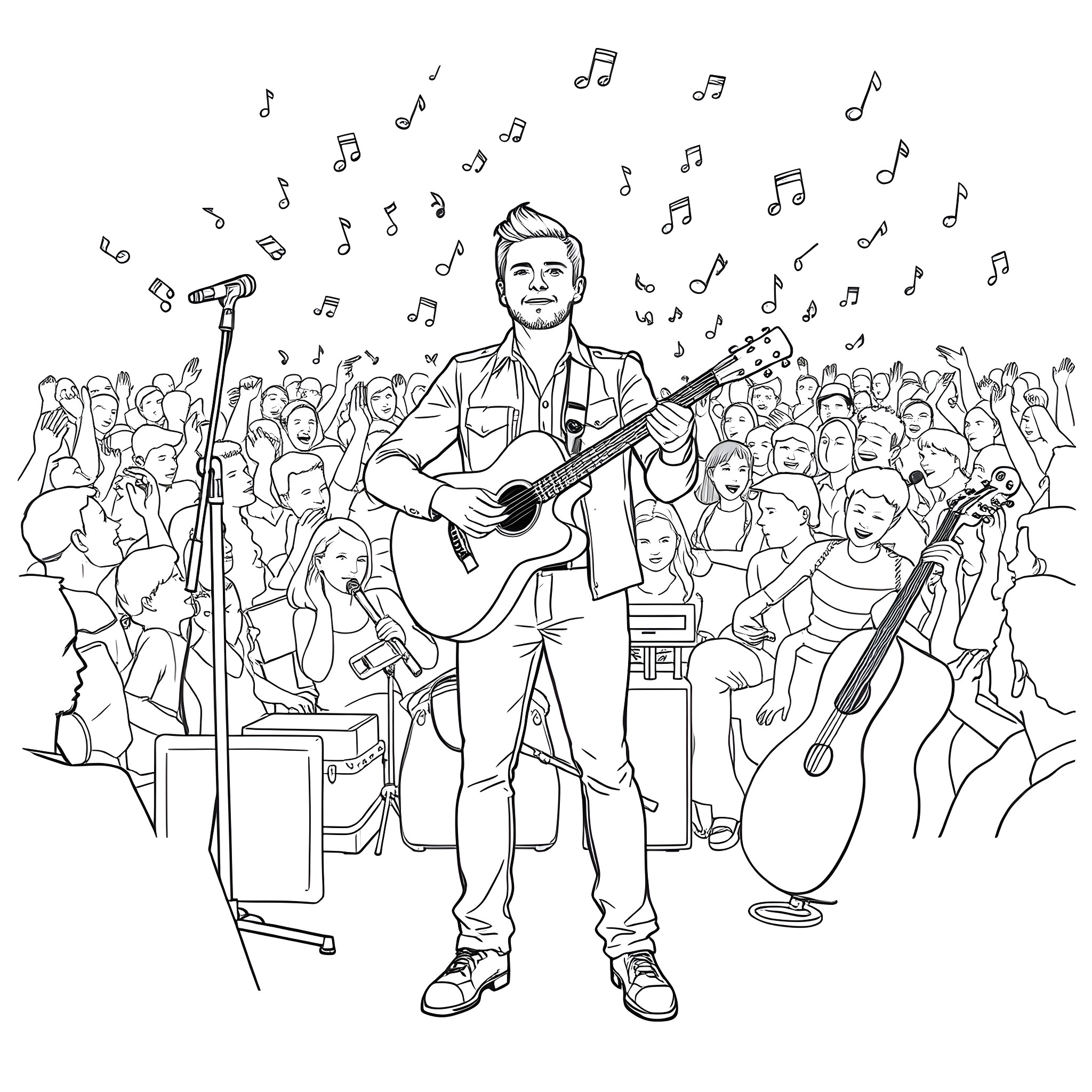 Cody Ray Peek Performing on Stage with Audience Coloring Page (free black-and-white line drawing printable PDF for all, from beginners to advanced learners, including children, teens, adults, and seniors)