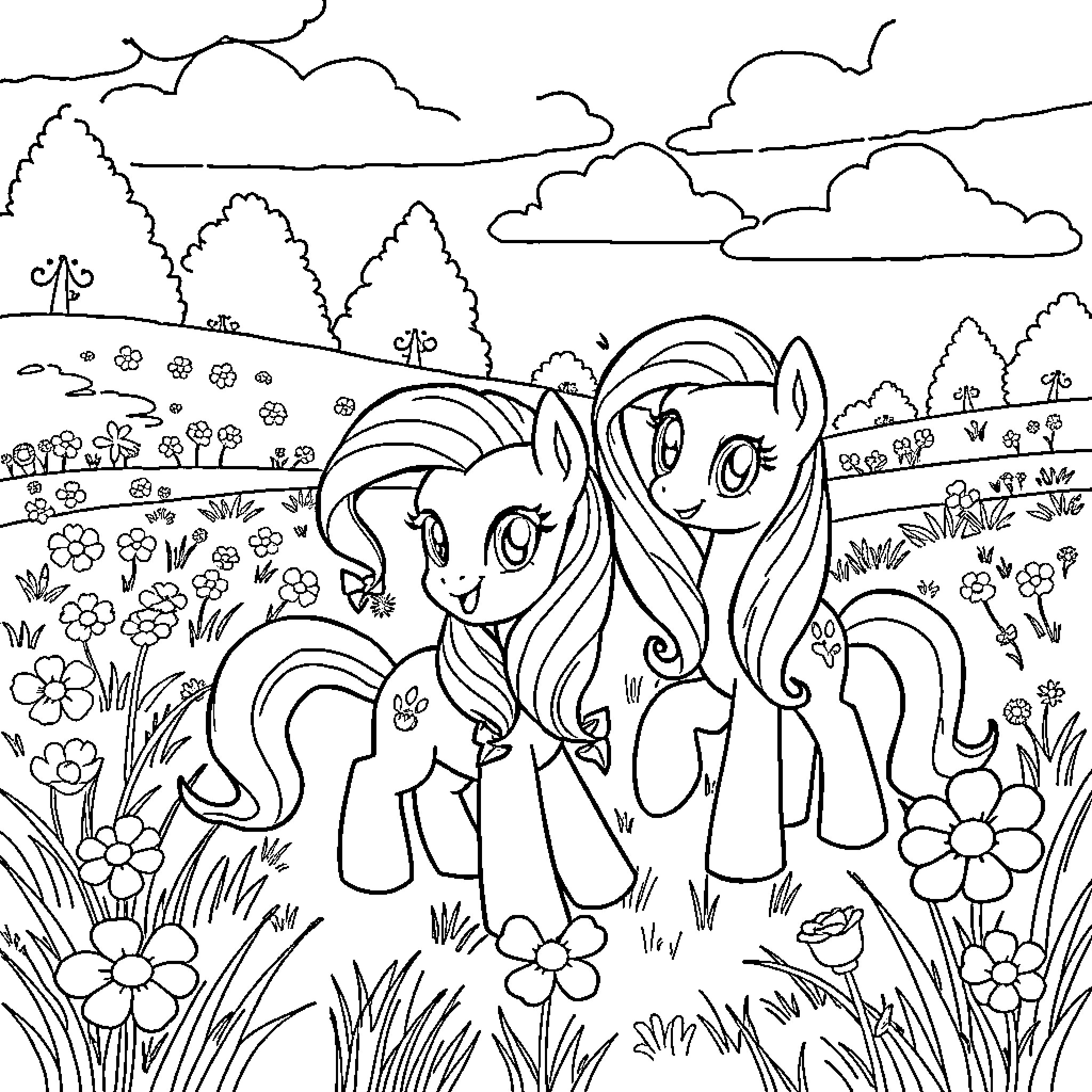 Pony friends exploring the enchanting meadow Coloring Page (free black-and-white line drawing printable PDF for all, from beginners to advanced learners, including children, teens, adults, and seniors)