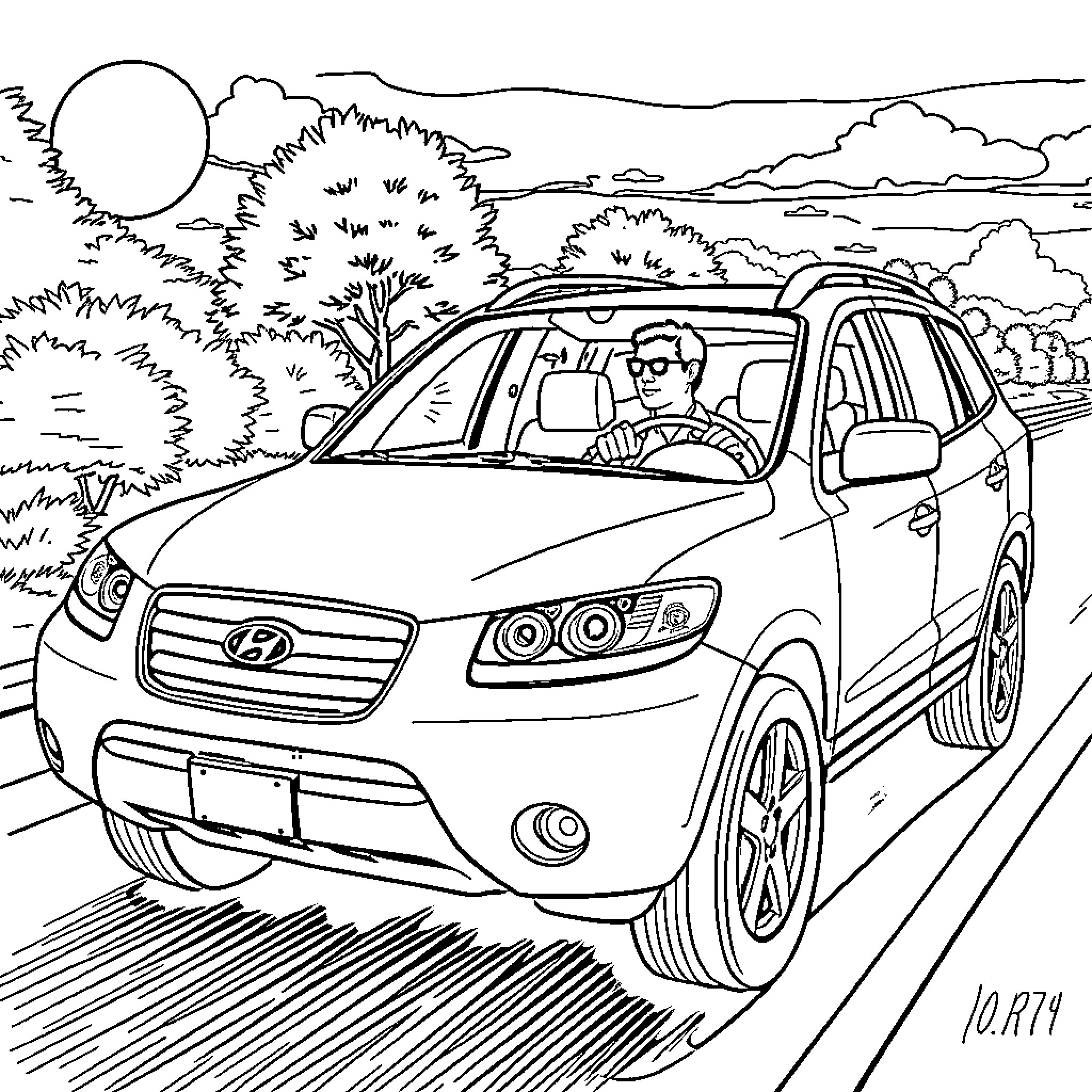 Guy driving car on scenic countryside road Coloring Page (free black-and-white line drawing printable PDF for all, from beginners to advanced learners, including children, teens, adults, and seniors)