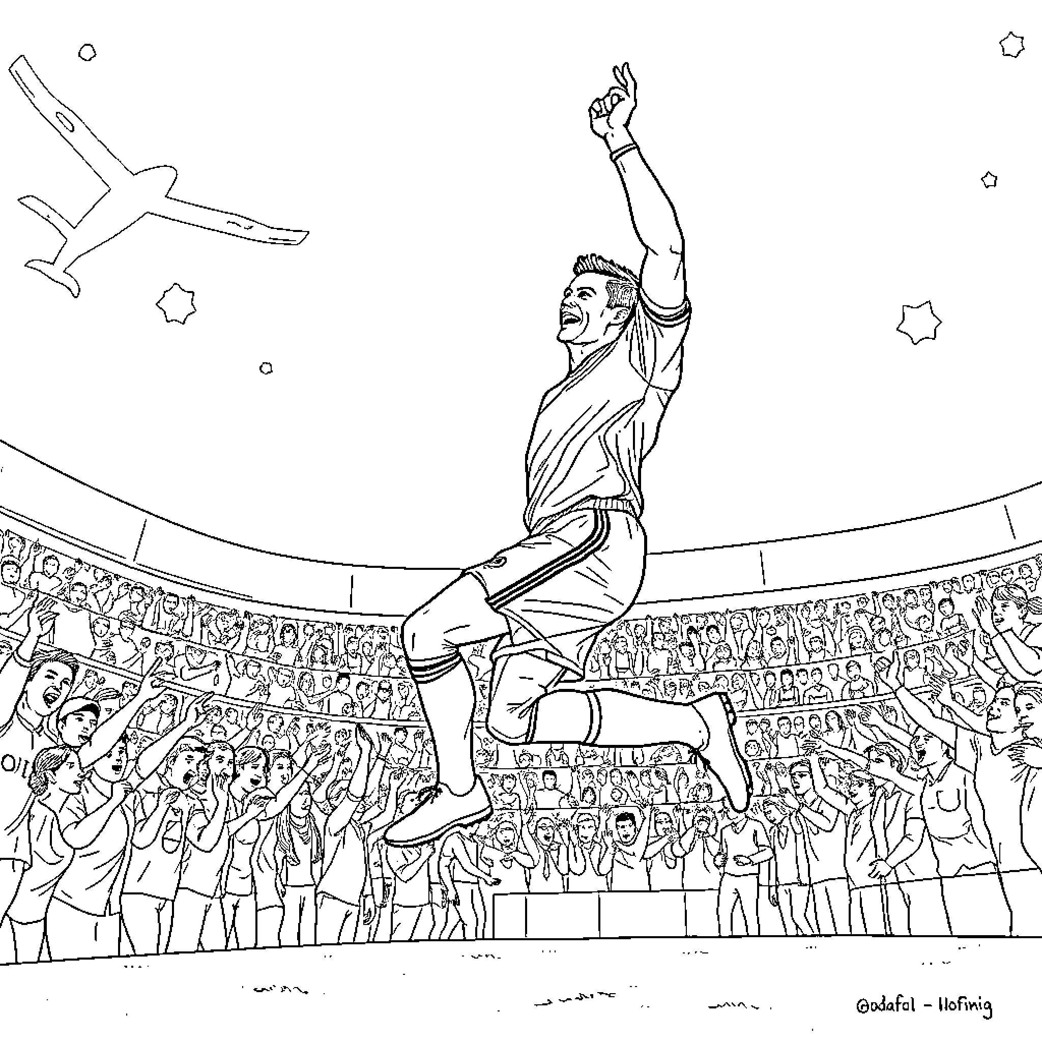 Cristiano Ronaldo celebrating in a crowded stadium Coloring Page (free black-and-white line drawing printable PDF for all, from beginners to advanced learners, including children, teens, adults, and seniors)