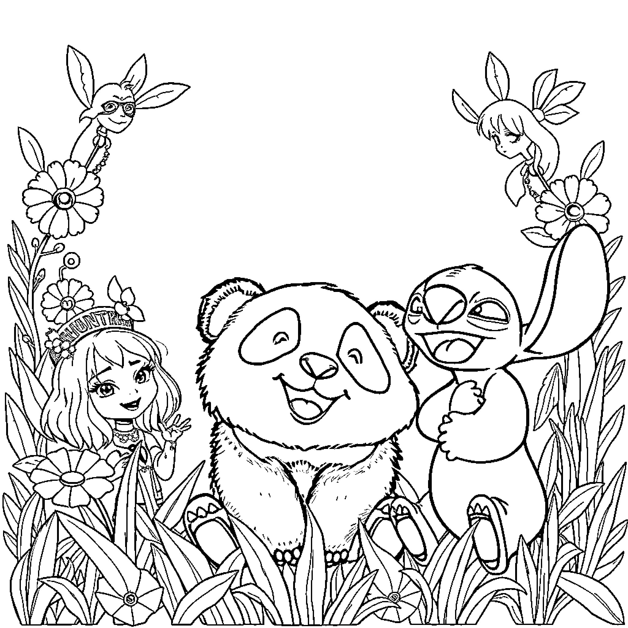 Panda and friends in flower garden Coloring Page (free black-and-white line drawing printable PDF for all, from beginners to advanced learners, including children, teens, adults, and seniors)