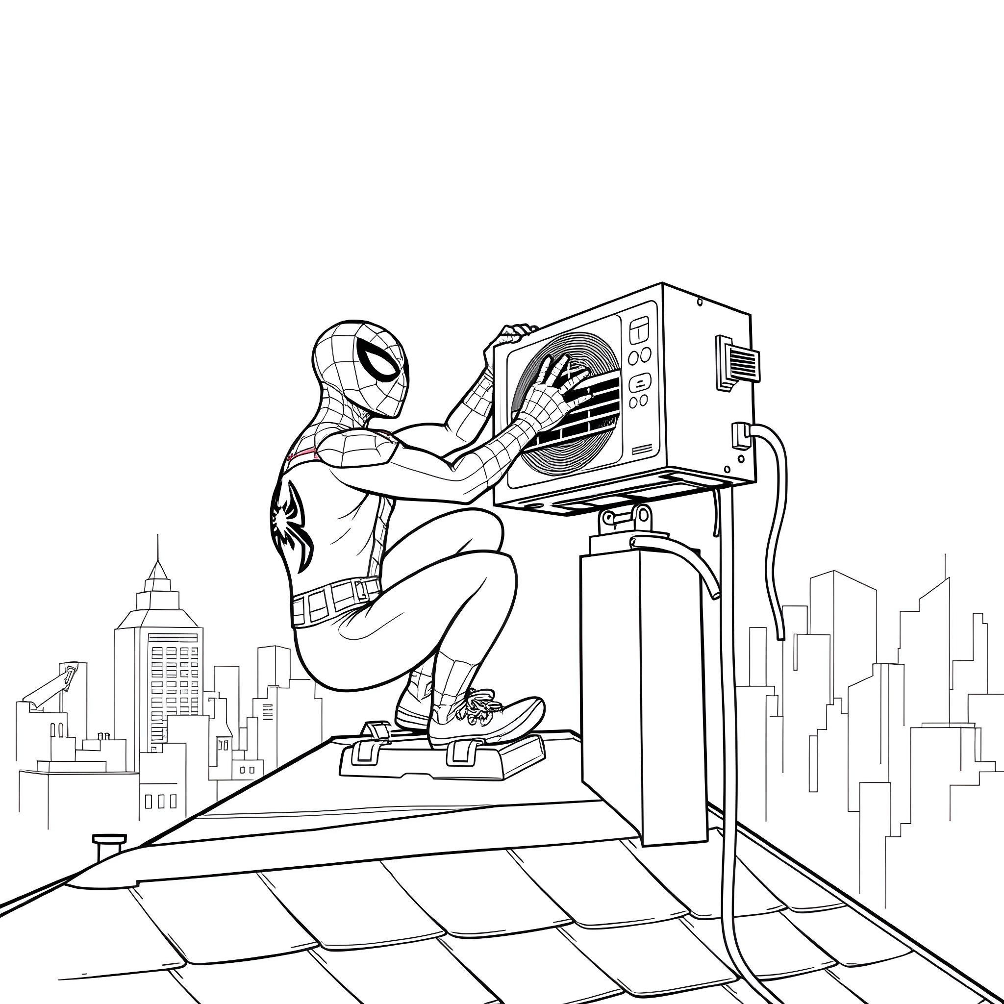 Spiderman using computer in cityscape Coloring Page (free black-and-white line drawing printable PDF for all, from beginners to advanced learners, including children, teens, adults, and seniors)