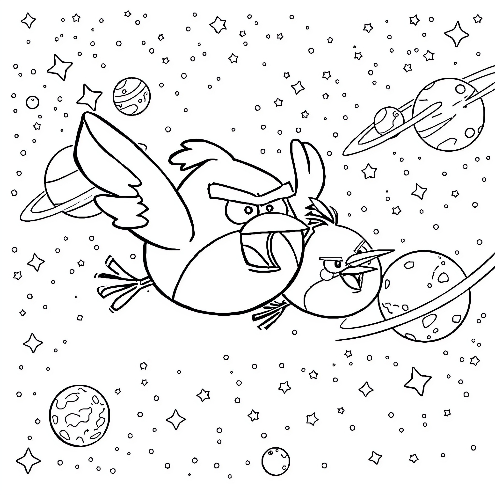 Angry Birds Space Adventure Coloring Page (free black-and-white line drawing printable PDF for all, from beginners to advanced learners, including children, teens, adults, and seniors)