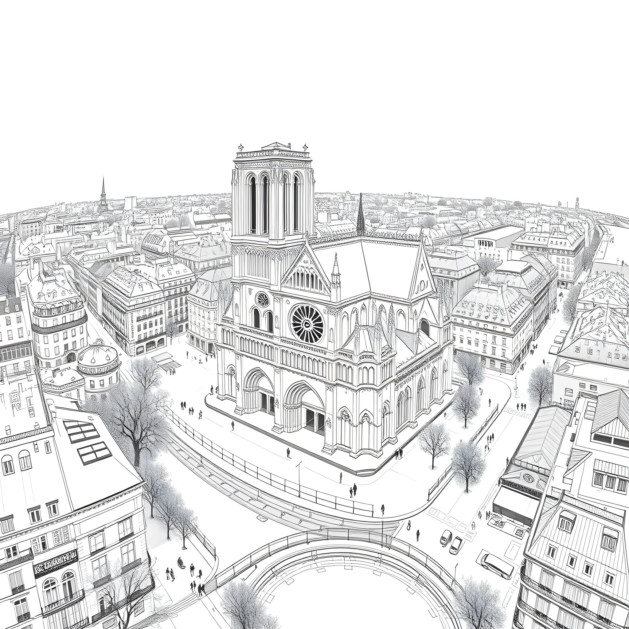 Norte Dame Cathedral in Stunning Aerial View Coloring Page (free black-and-white line drawing printable PDF for all, from beginners to advanced learners, including children, teens, adults, and seniors)