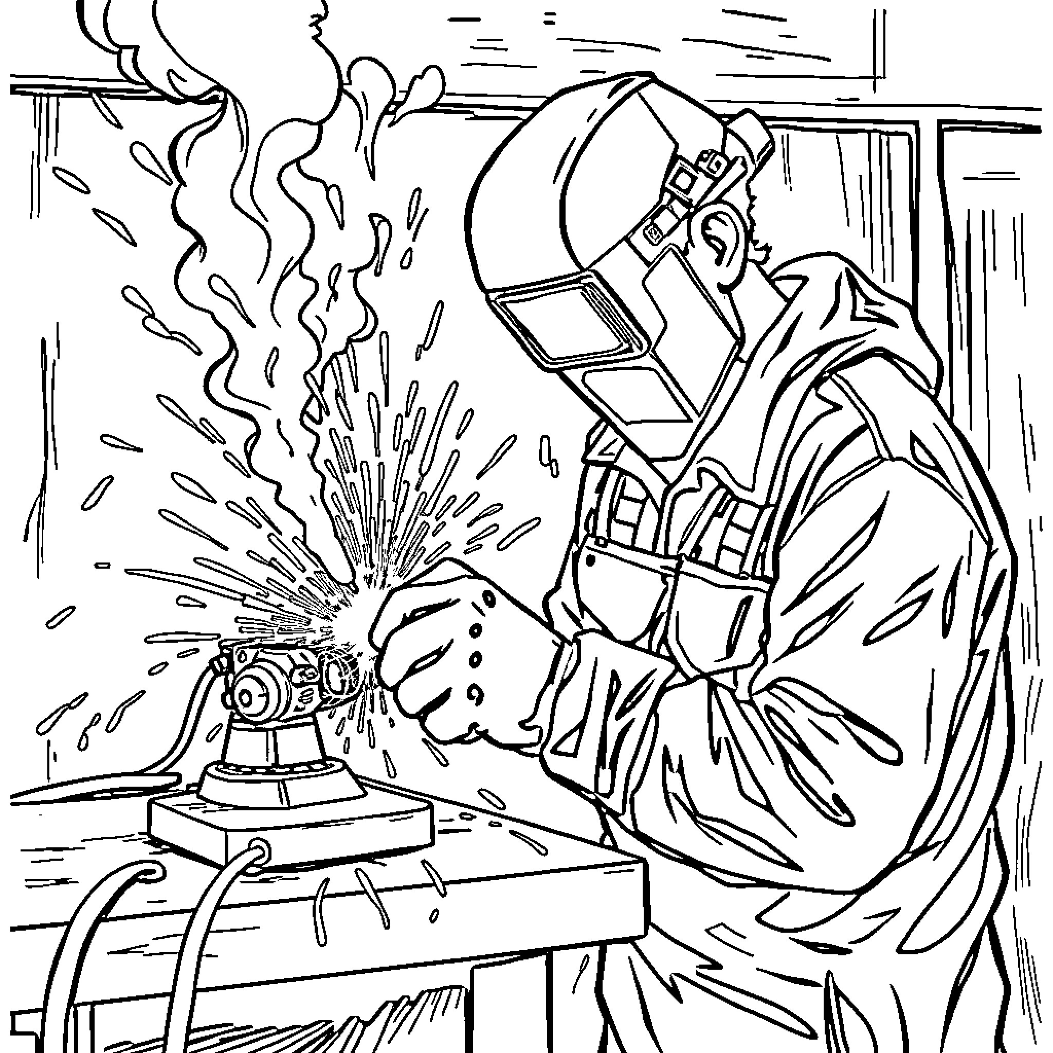 Welder working diligently with sparks and smoke Coloring Page (free black-and-white line drawing printable PDF for all, from beginners to advanced learners, including children, teens, adults, and seniors)