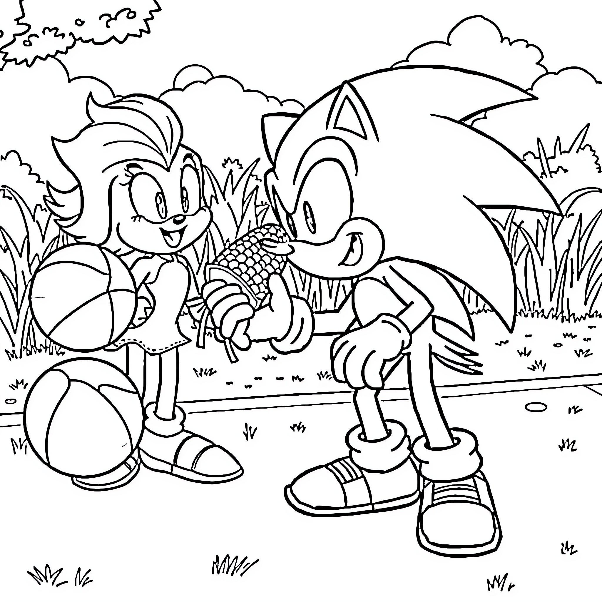 Sonic characters playing together in the park Coloring Page (free black-and-white line drawing printable PDF for all, from beginners to advanced learners, including children, teens, adults, and seniors)