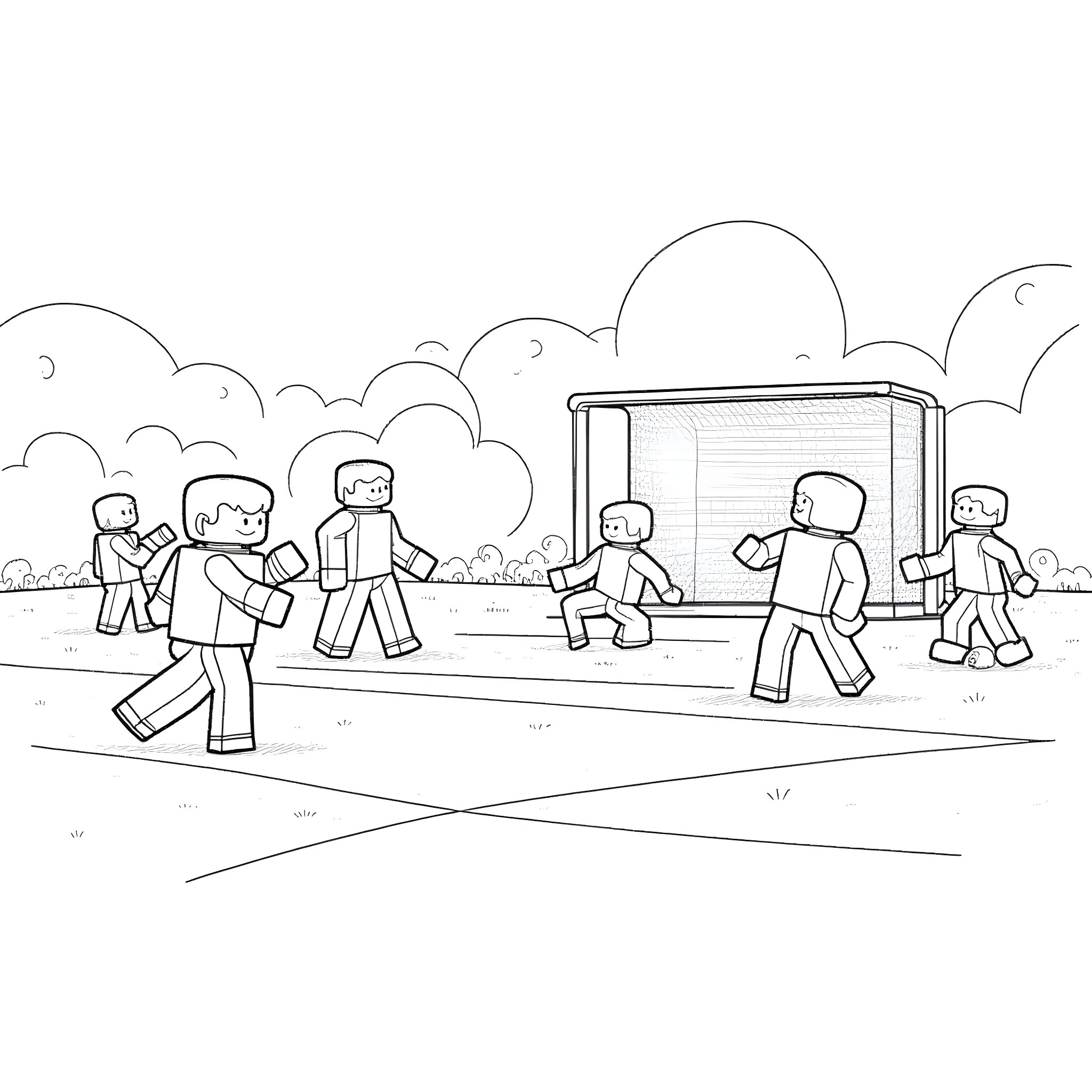 Minecraft characters playing in the schoolyard Coloring Page (free black-and-white line drawing printable PDF for all, from beginners to advanced learners, including children, teens, adults, and seniors)