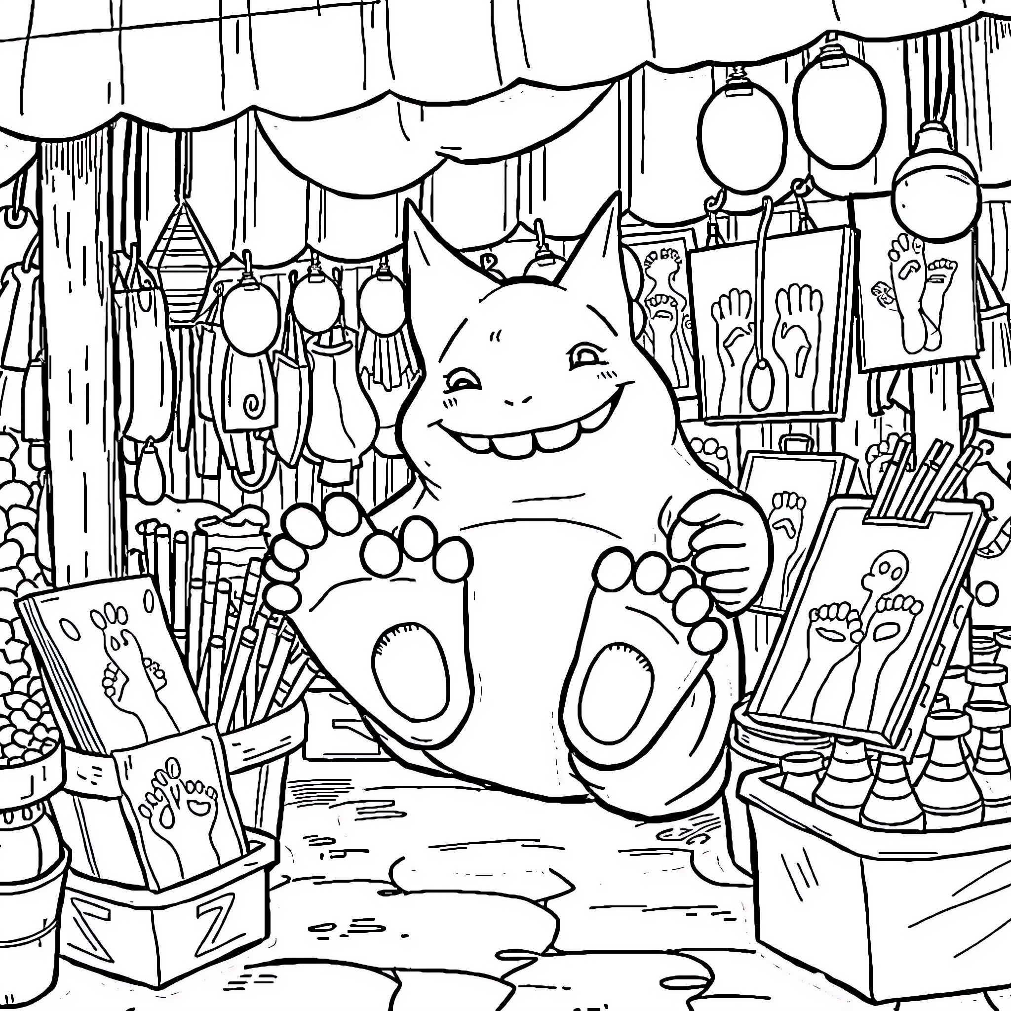 Gengar enjoying the colorful shop display Coloring Page (free black-and-white line drawing printable PDF for all, from beginners to advanced learners, including children, teens, adults, and seniors)