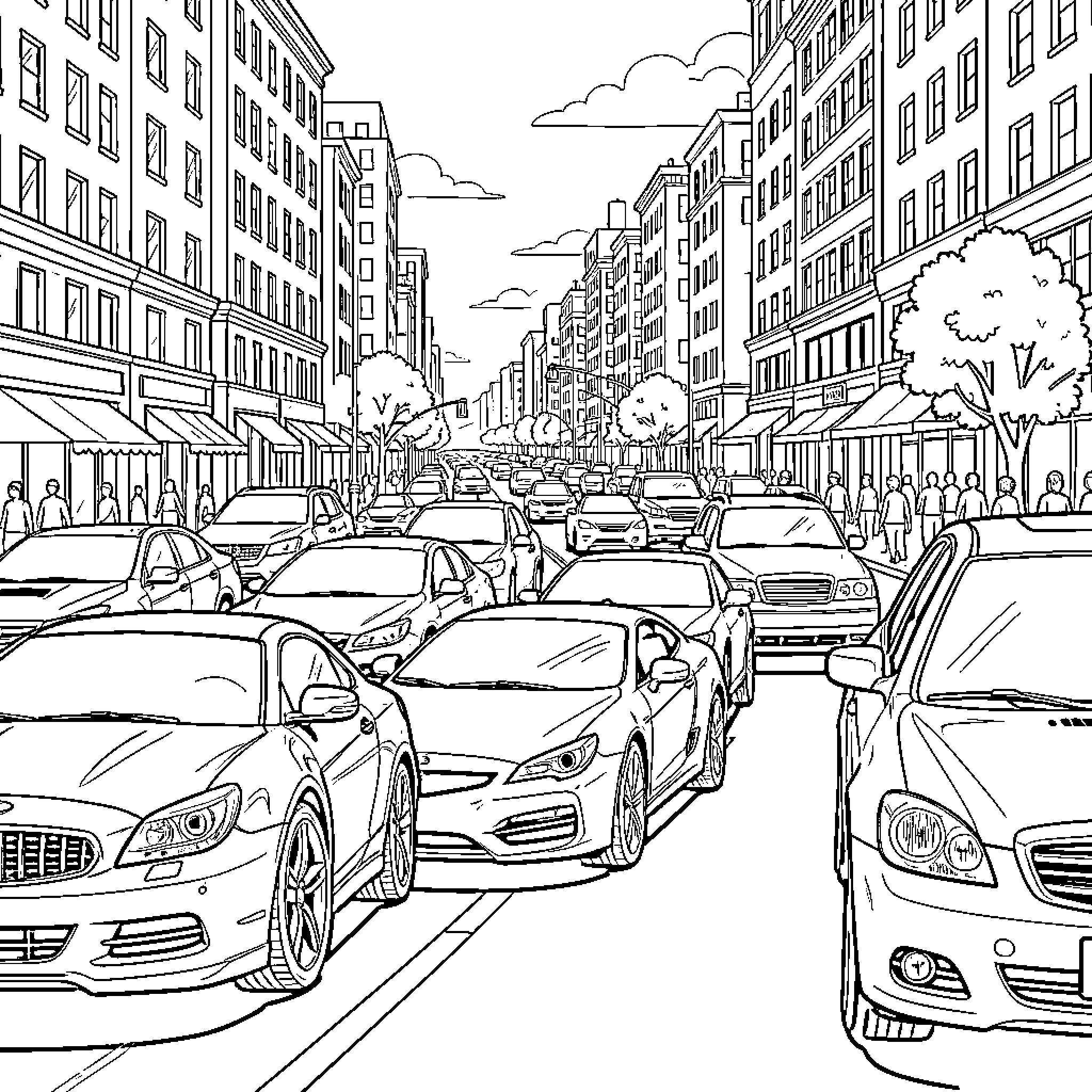 Car Traffic Jam in Busy City Street Coloring Page (free black-and-white line drawing printable PDF for all, from beginners to advanced learners, including children, teens, adults, and seniors)