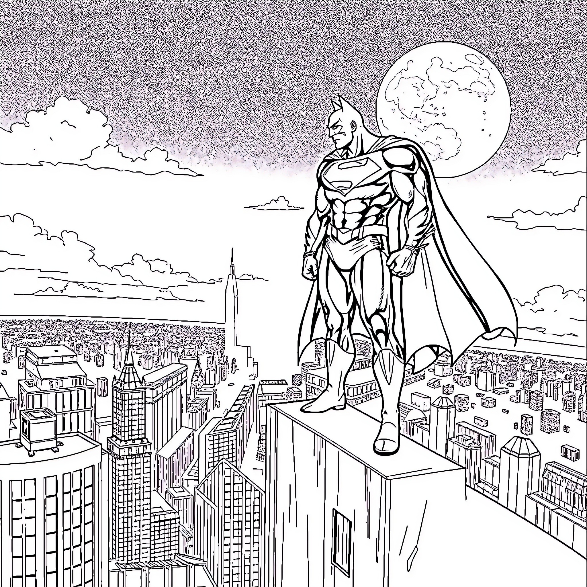 Batman Superman heroically survey the city skyline Coloring Page (free black-and-white line drawing printable PDF for all, from beginners to advanced learners, including children, teens, adults, and seniors)