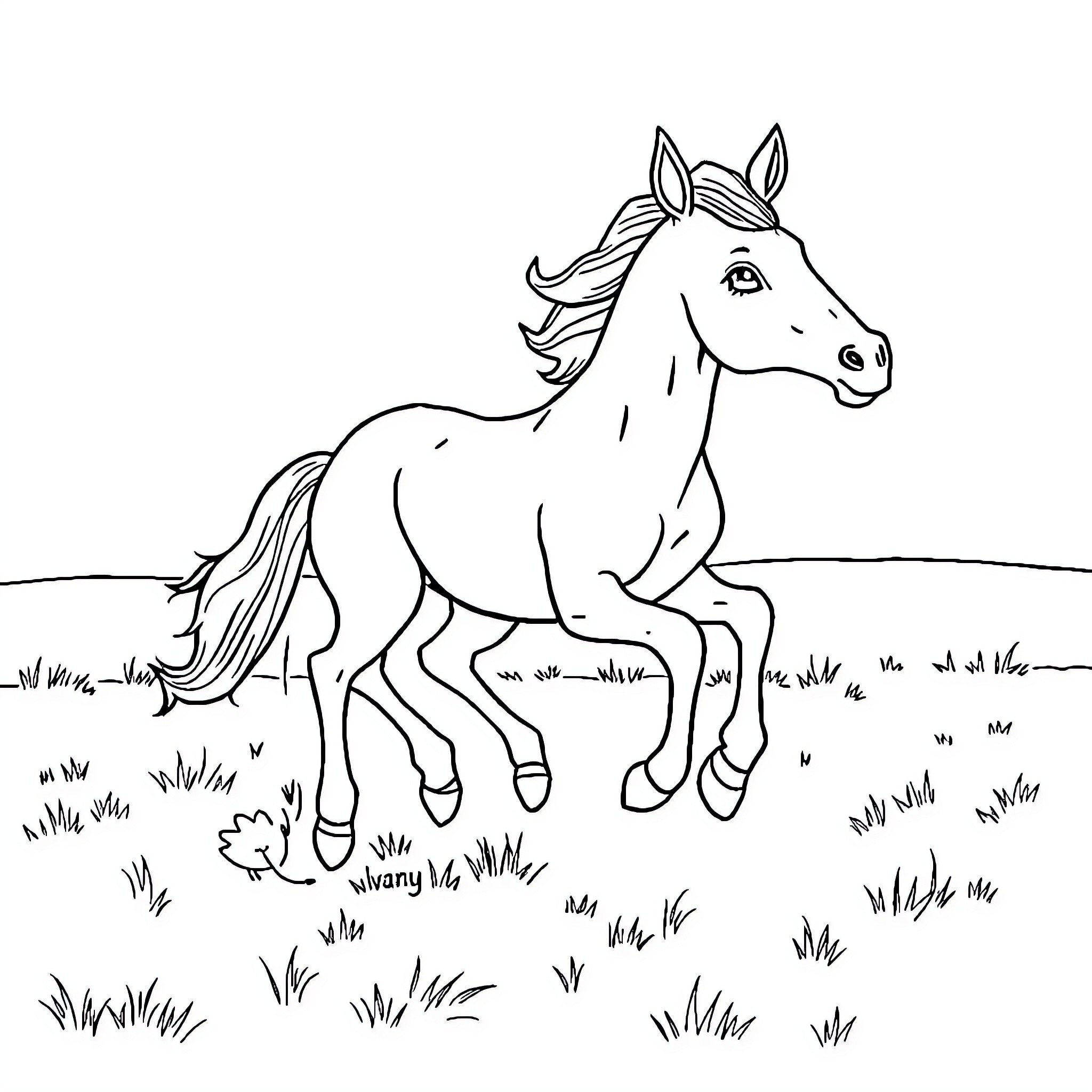 Baby Horse Galloping Happily in a Field Coloring Page (free black-and-white line drawing printable PDF for all, from beginners to advanced learners, including children, teens, adults, and seniors)
