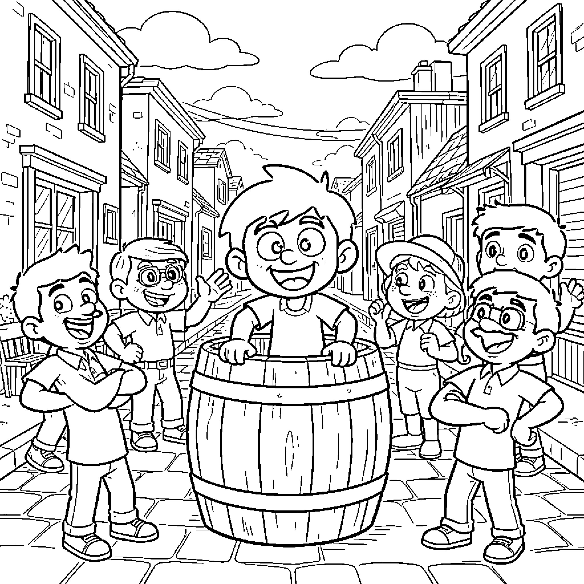 El Chavo and Friends Enjoying a Lively Town Coloring Page (free black-and-white line drawing printable PDF for all, from beginners to advanced learners, including children, teens, adults, and seniors)