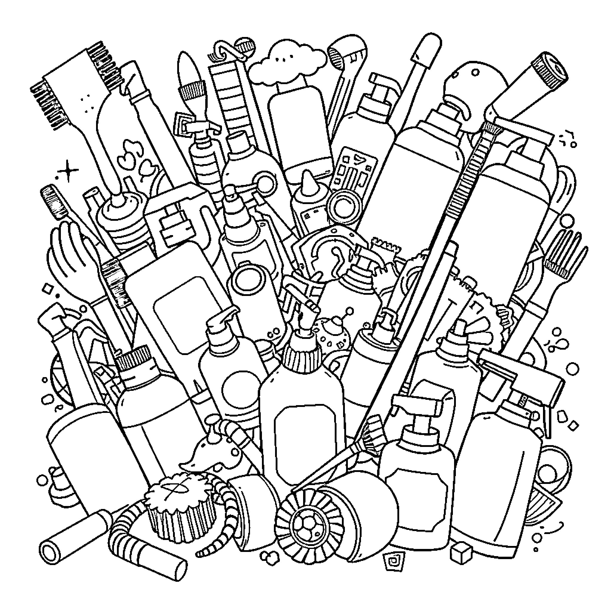 Object collection of various household items Coloring Page (free black-and-white line drawing printable PDF for all, from beginners to advanced learners, including children, teens, adults, and seniors)
