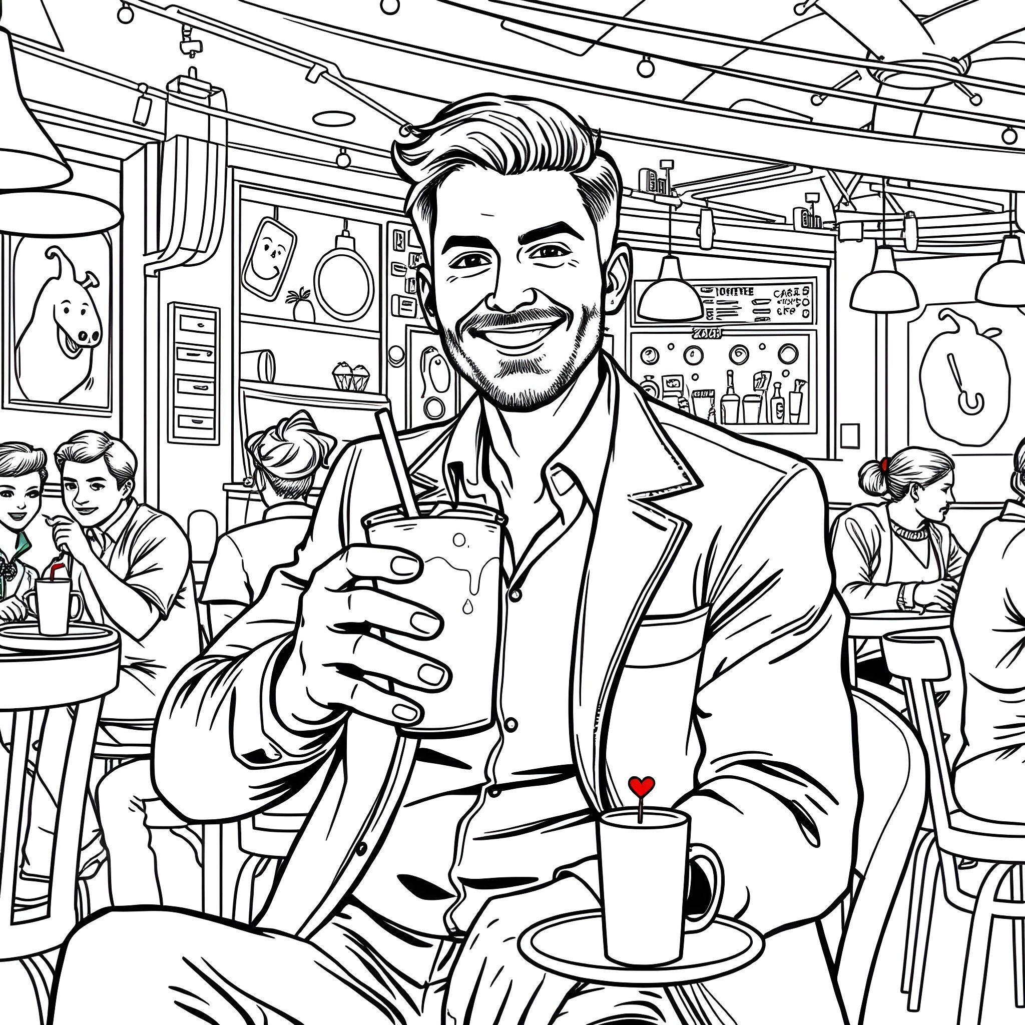 Man enjoying a beverage in a lively diner setting Coloring Page (free black-and-white line drawing printable PDF for all, from beginners to advanced learners, including children, teens, adults, and seniors)