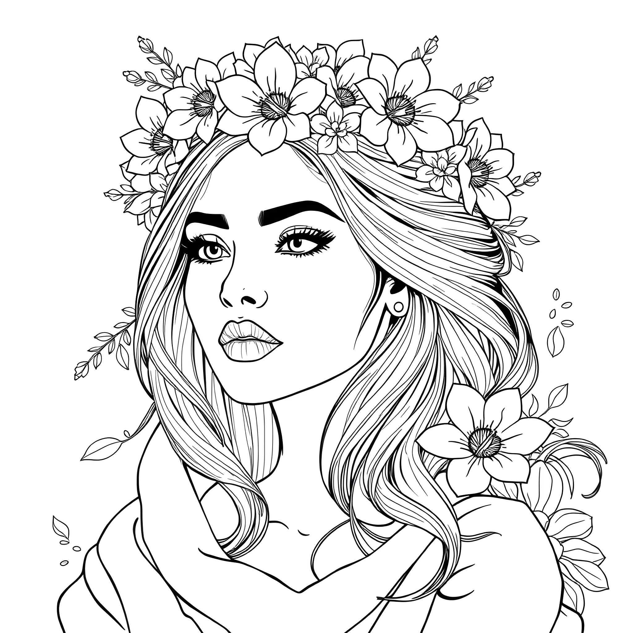 Woman with a floral crown surrounded by flowers Coloring Page (free black-and-white line drawing printable PDF for all, from beginners to advanced learners, including children, teens, adults, and seniors)