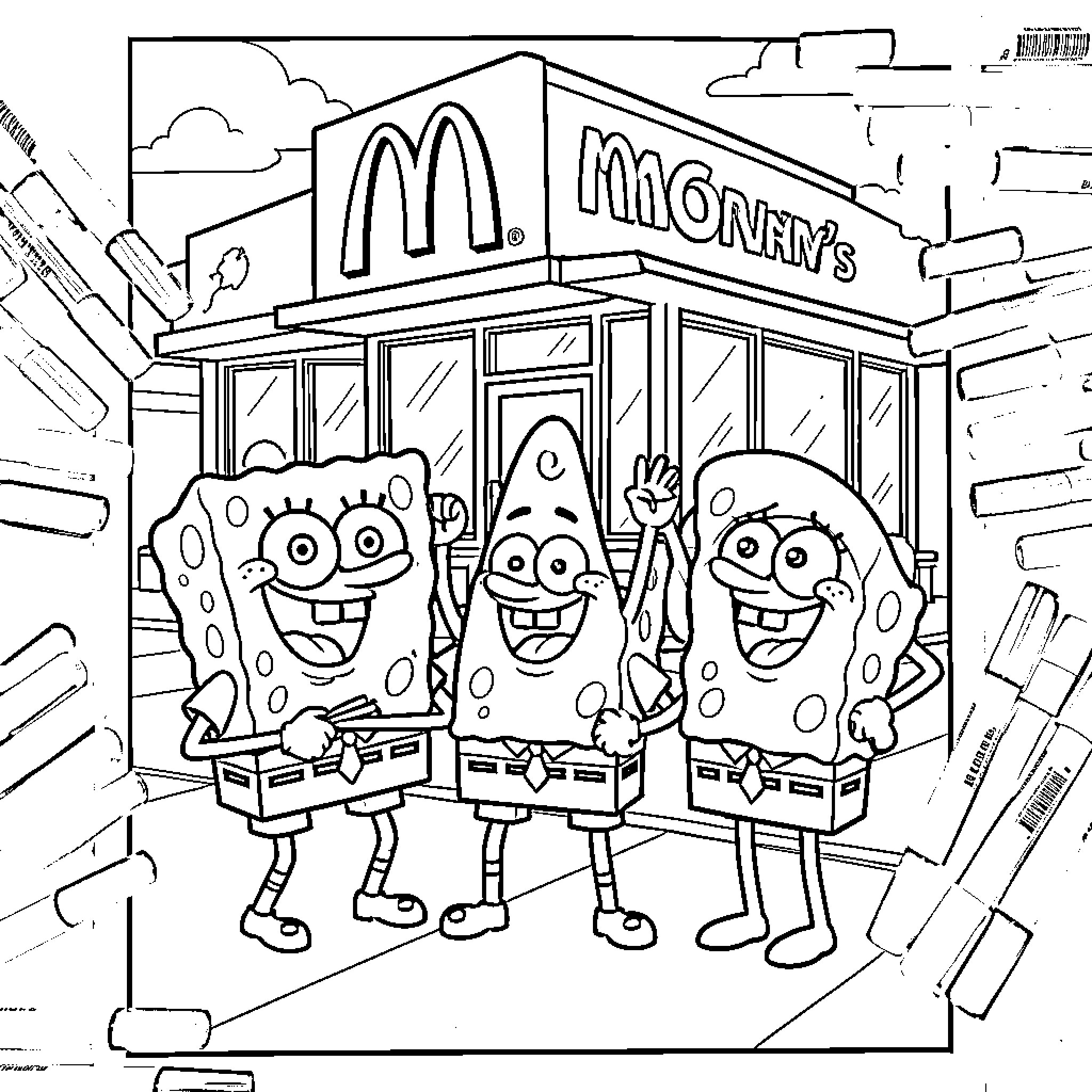 Spongebob and friends at the fast food restaurant Coloring Page (free black-and-white line drawing printable PDF for all, from beginners to advanced learners, including children, teens, adults, and seniors)