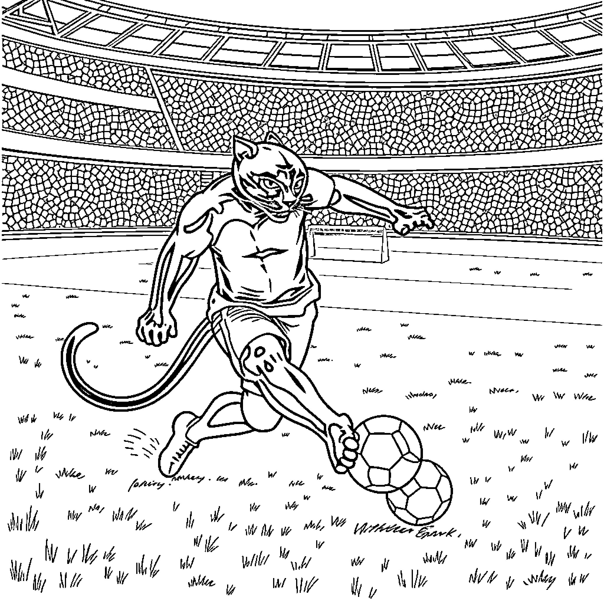 Panther fiercely competing in soccer match Coloring Page (free black-and-white line drawing printable PDF for all, from beginners to advanced learners, including children, teens, adults, and seniors)