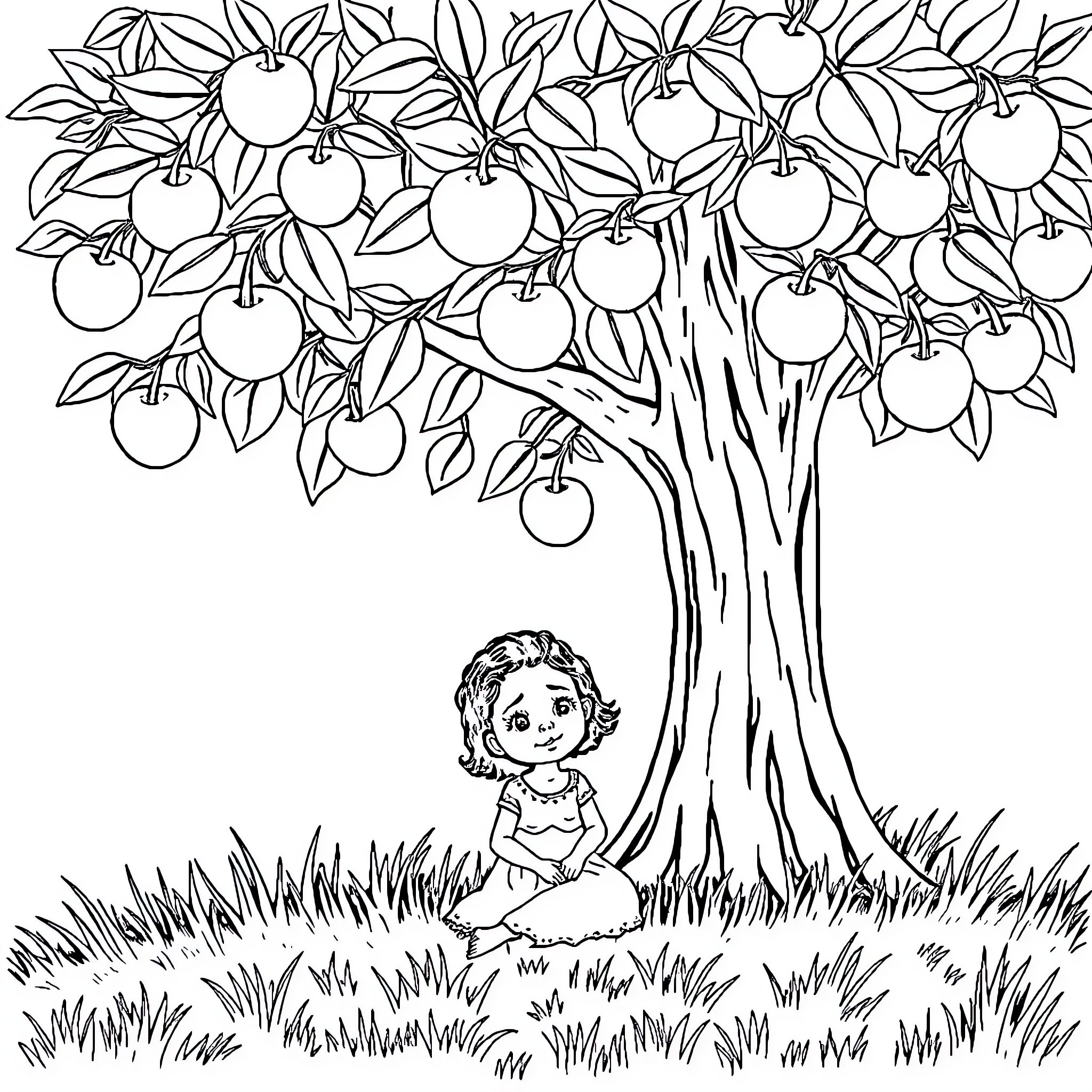 Girl resting under a fruit tree Coloring Page (free black-and-white line drawing printable PDF for all, from beginners to advanced learners, including children, teens, adults, and seniors)